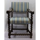 Armlehnstuhl, teils gedrechselt, Sitz und Lehne gepolstert und blau/beige bezogen, 19.