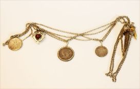 Silber Schnürkette, L 200 cm, mit 6 diversen Anhängern, meist Silber, zus. 180 gr.