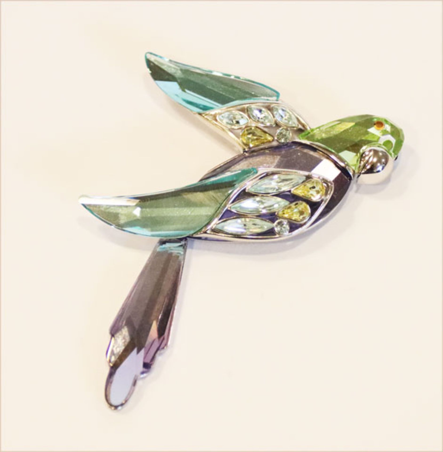 Swarovski Sterlingsilber Brosche 'Papagei', mit farbigem Kristall, L 8 cm, 33 gr., in