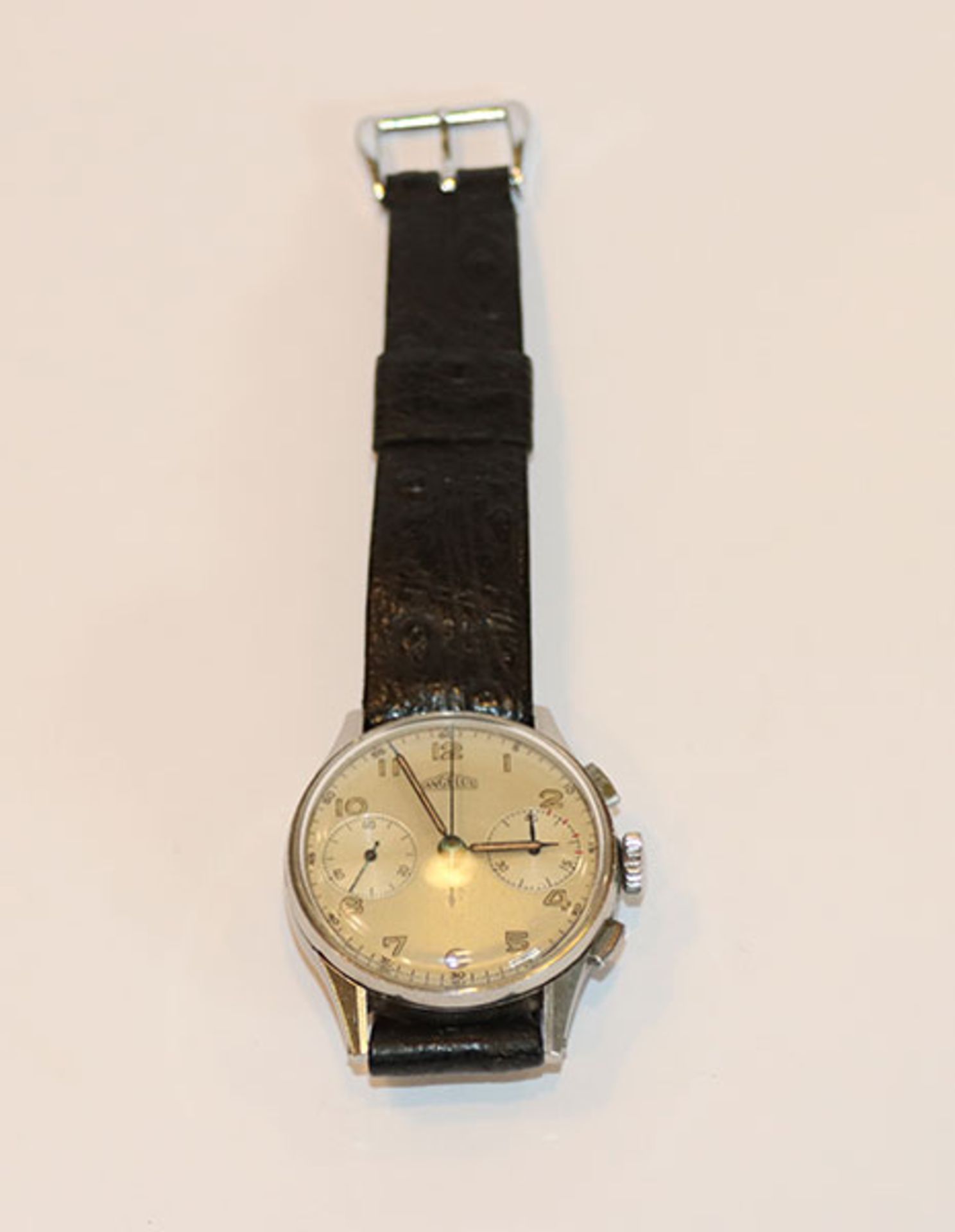 Angelus Chronograph, intakt, Schweiz um 1946, schwarzes Armband, Tragespuren