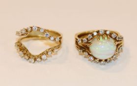 2 18 k Gelbgold Ringe mit je 18 Diamanten, und ein Umsteckring mit Opal, Gr. 58, 16,13 gr.