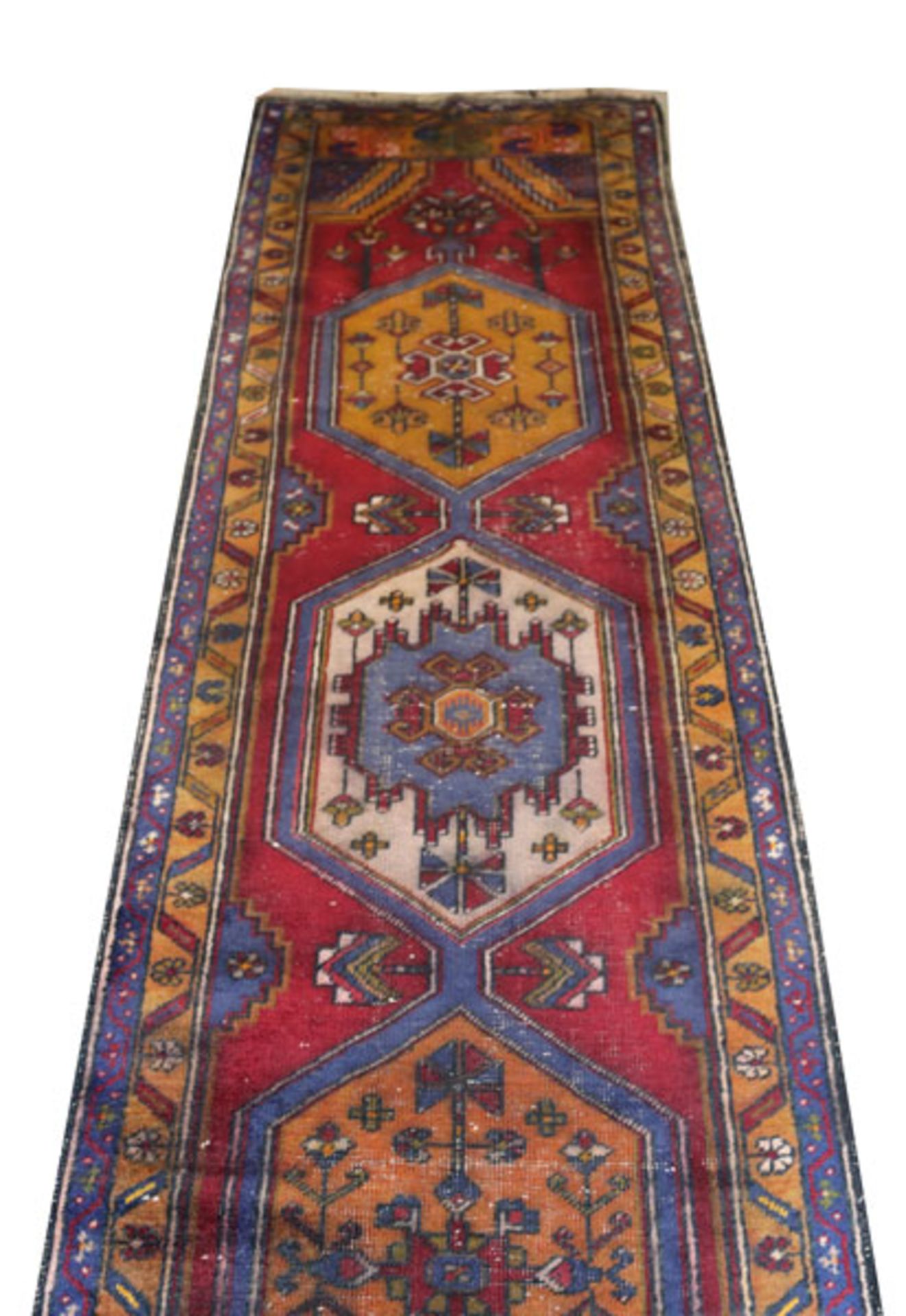 Läufer, Ardebil, rot/blau/bunt, starke Gebrauchsspuren, beschädigt, 421 cm x 78 cm