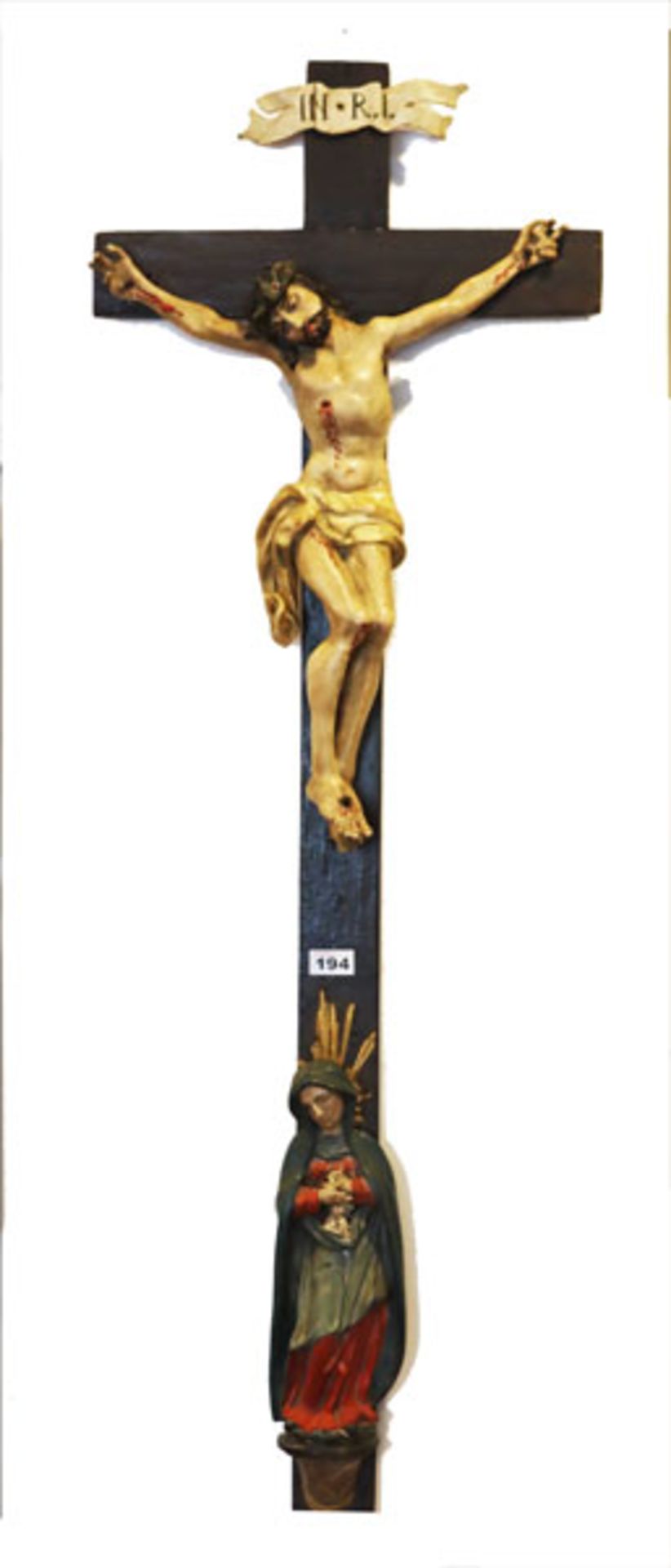 Holzkreuz mit Korpus Christi und Assistenzfigur Maria, farbig gefaßt, teils bestossen, Alters- und