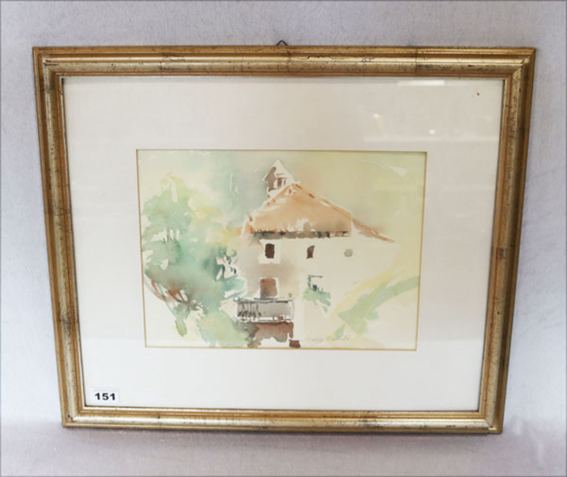 Aquarell 'Haus in Sand in Taufers', signiert Theresia Volgger Fiedler, mit Passepartout unter Glas