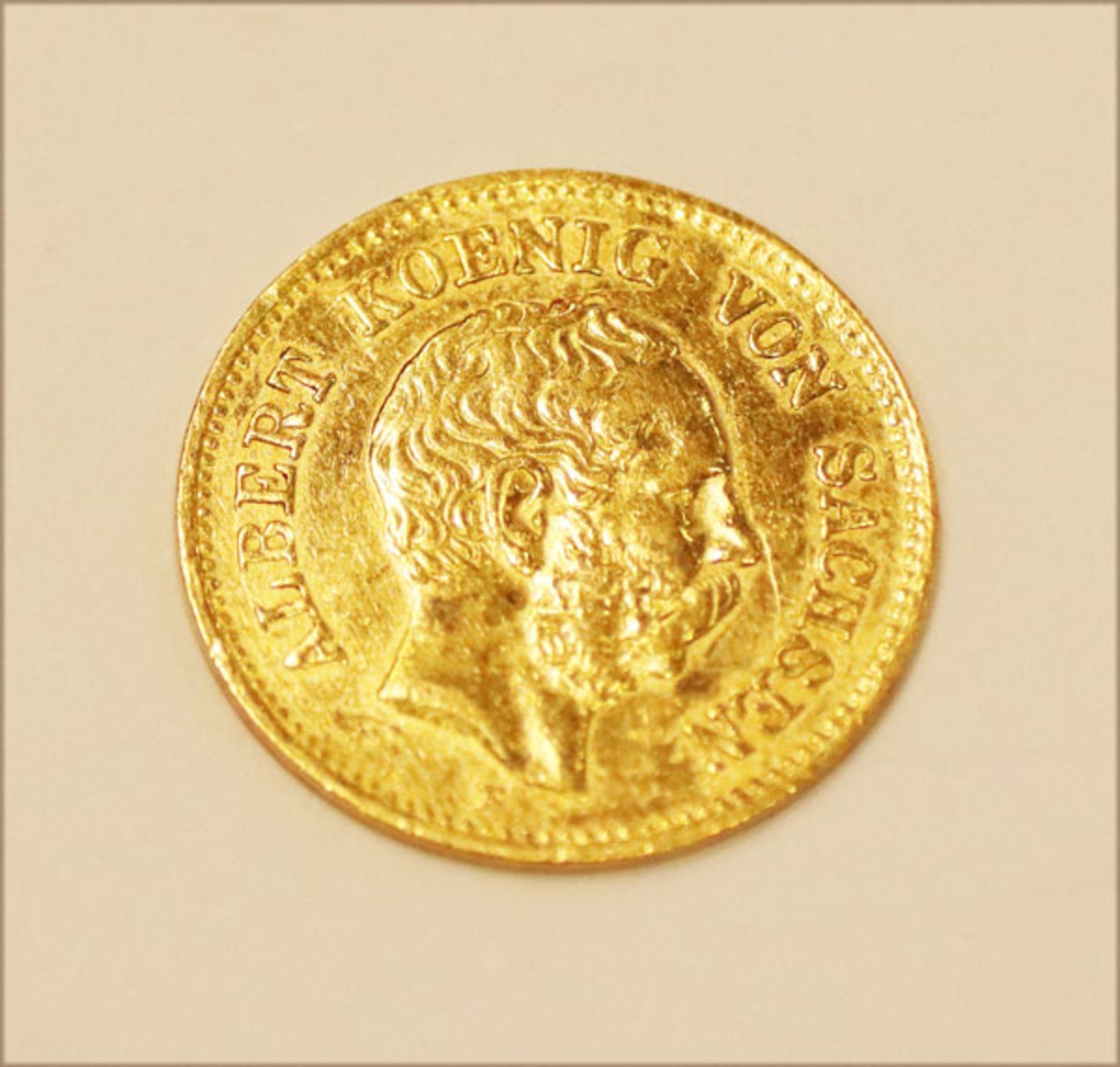 Goldmünze 5 Reichsmark Sachsen 1877, leicht poliert, ss+