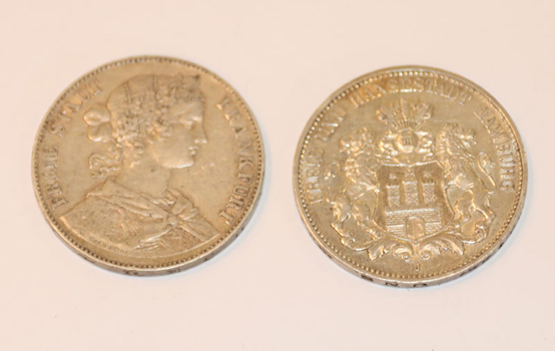 2 Silber Münzen, Hamburg 1909 und Frankfurt 1860, beide ss