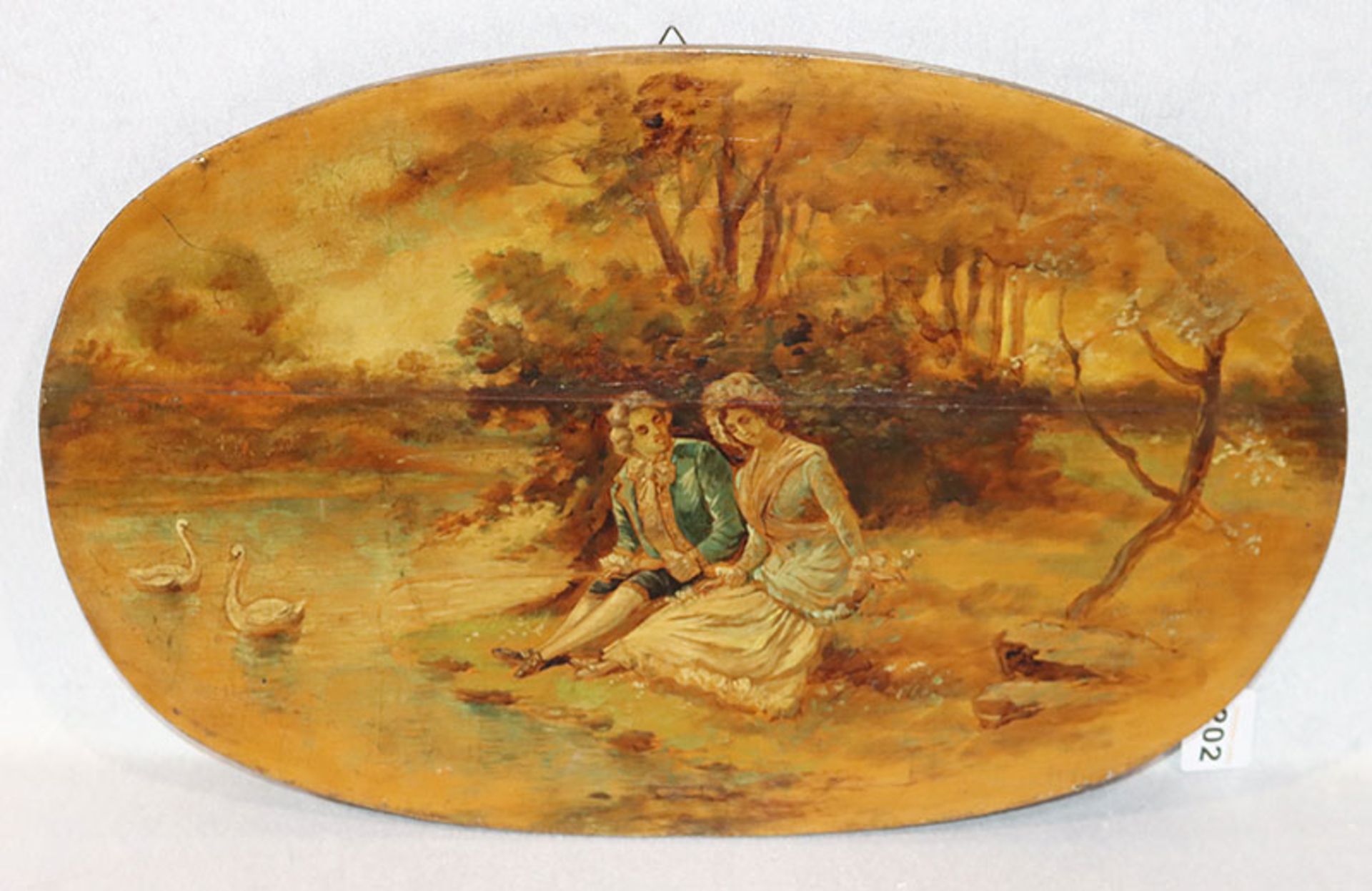 Ovales Gemälde ÖL/Holz 'Rokokopaar mit Schwäne', teils bestossen, Trocknungsrisse, 34,5 cm x 56 cm