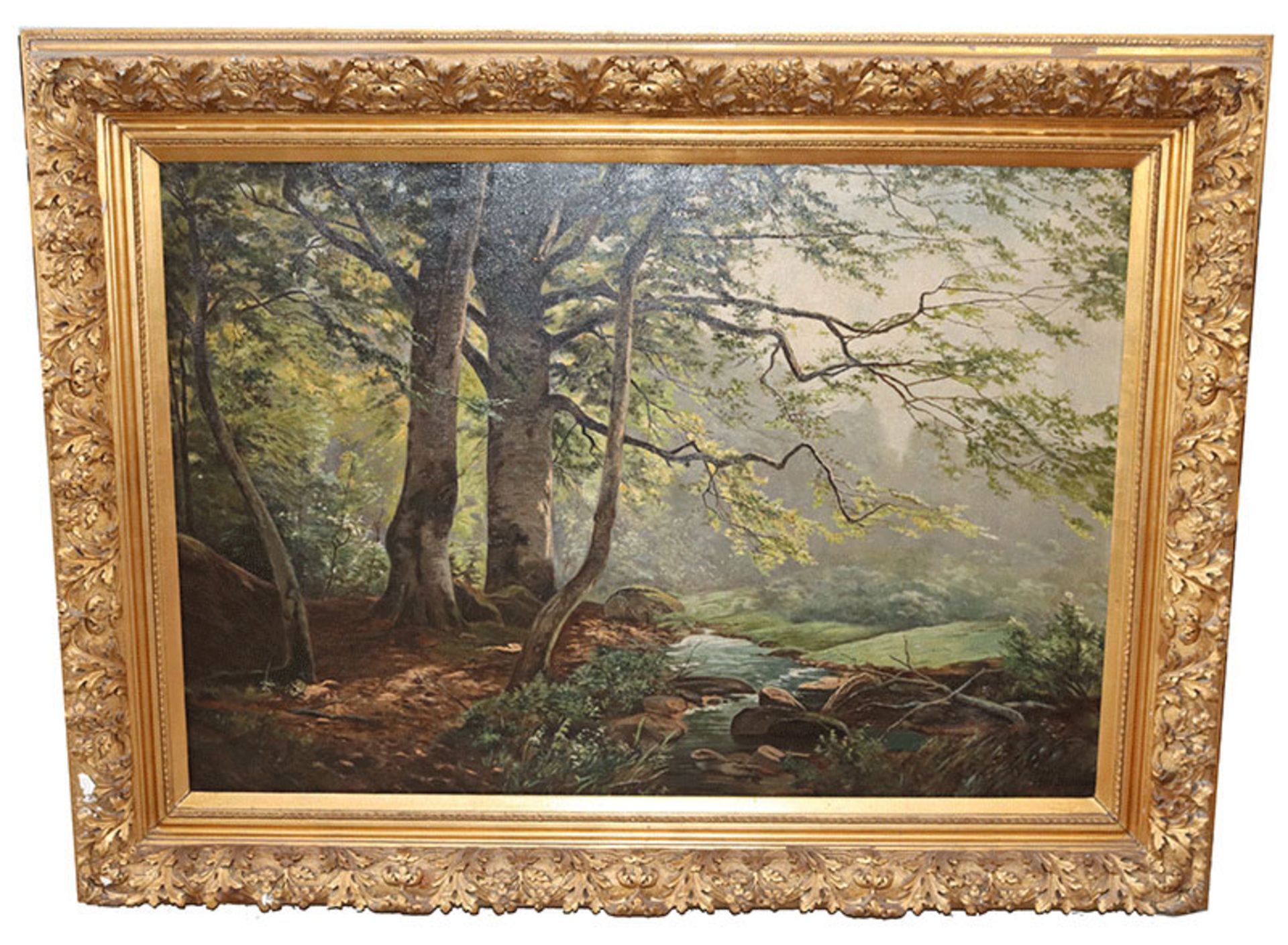 Gemälde ÖL/LW 'Waldlandschaft mit Bachlauf', cop. Max Linau 1909, aufwendig gerahmt, Rahmen