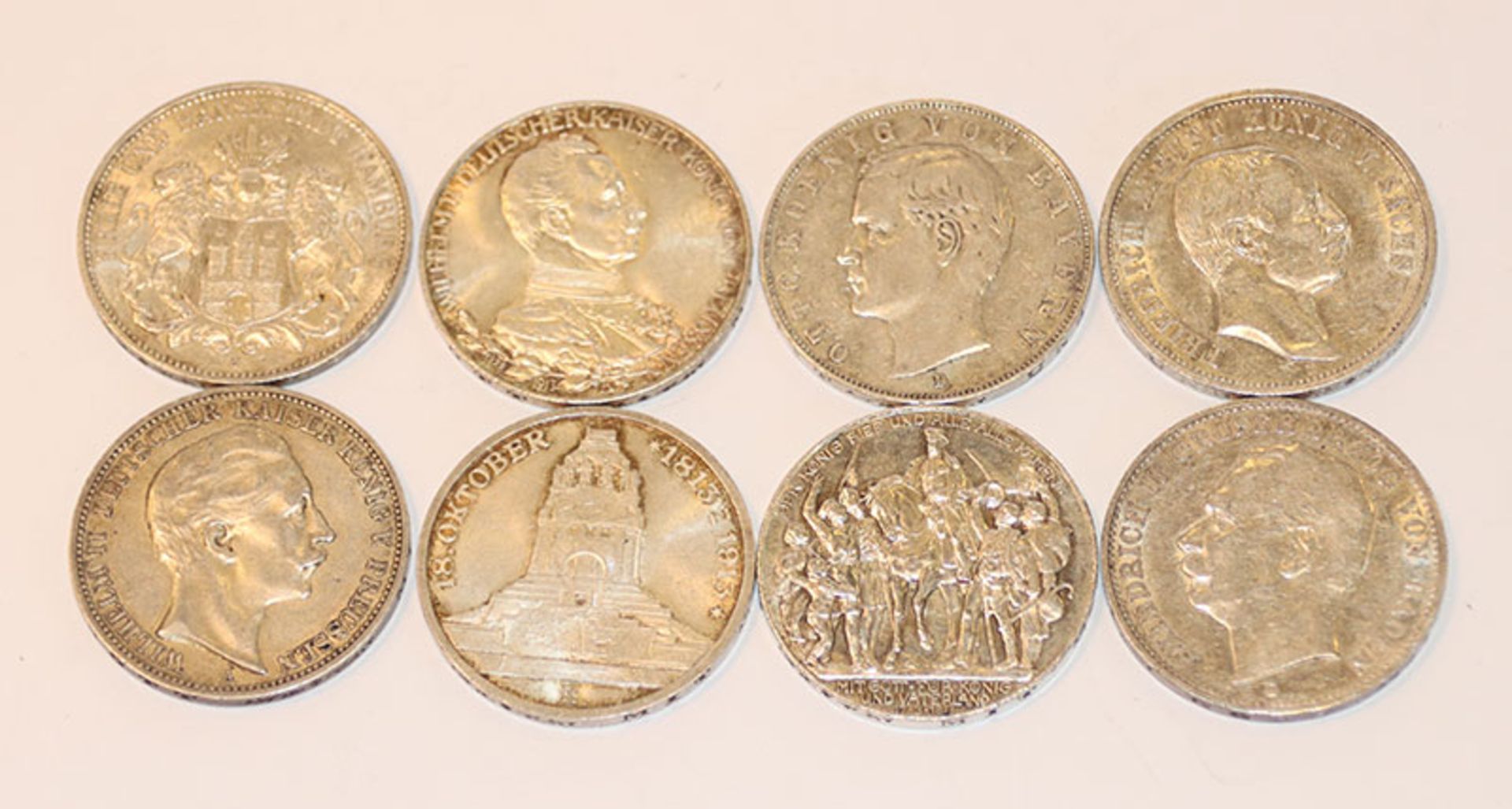 8 diverse Kaiserreich 3 Mark Silbermünzen