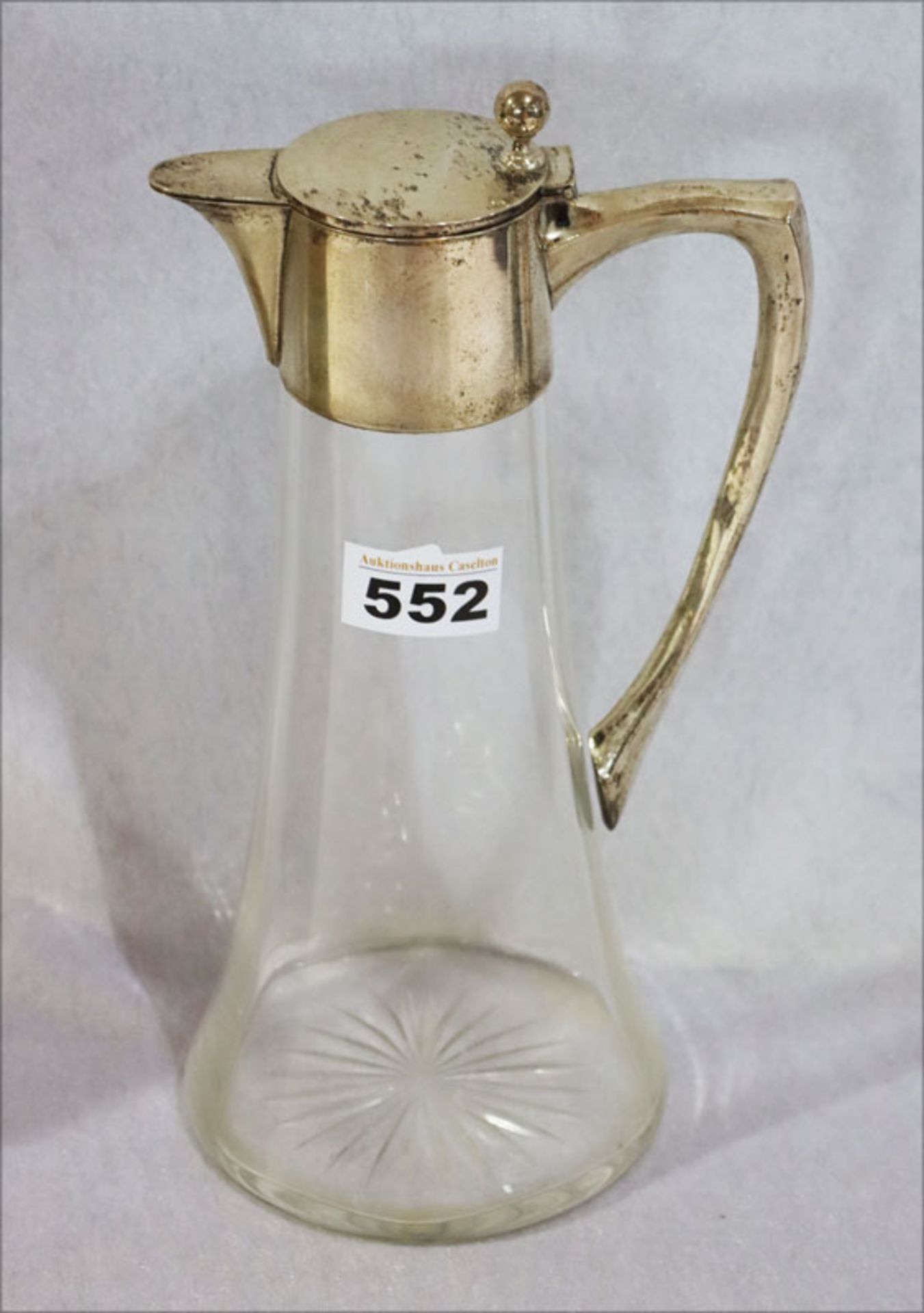 Jugendstil Glas Henkelkanne mit 800 Silber Montierung, H 29 cm, Gebrauchsspuren