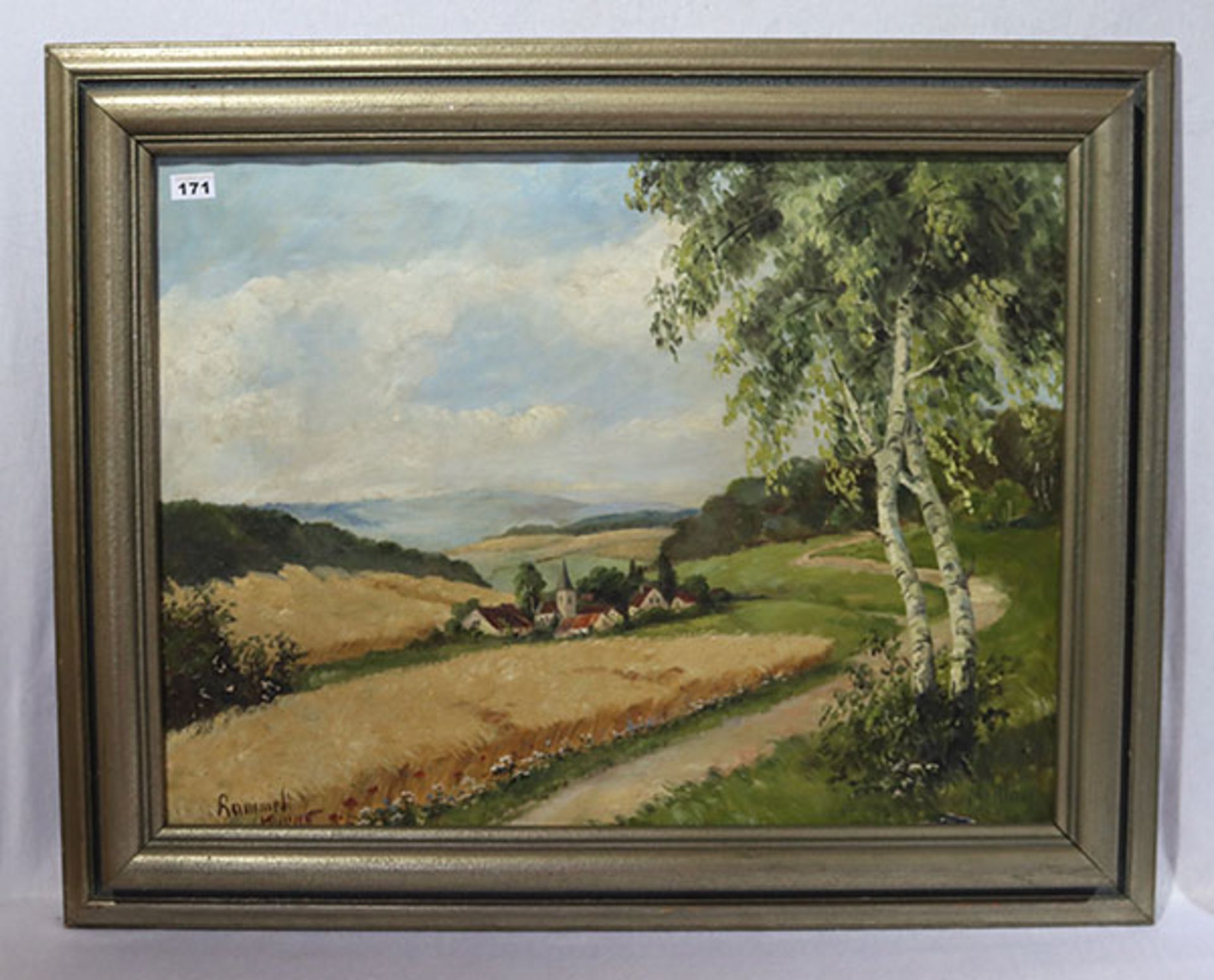 Gemälde ÖL/LW 'Sommerlandschaft mit Dorf', signiert Rammelt-Bürger, Käthe, * 1877 Blankenburg/