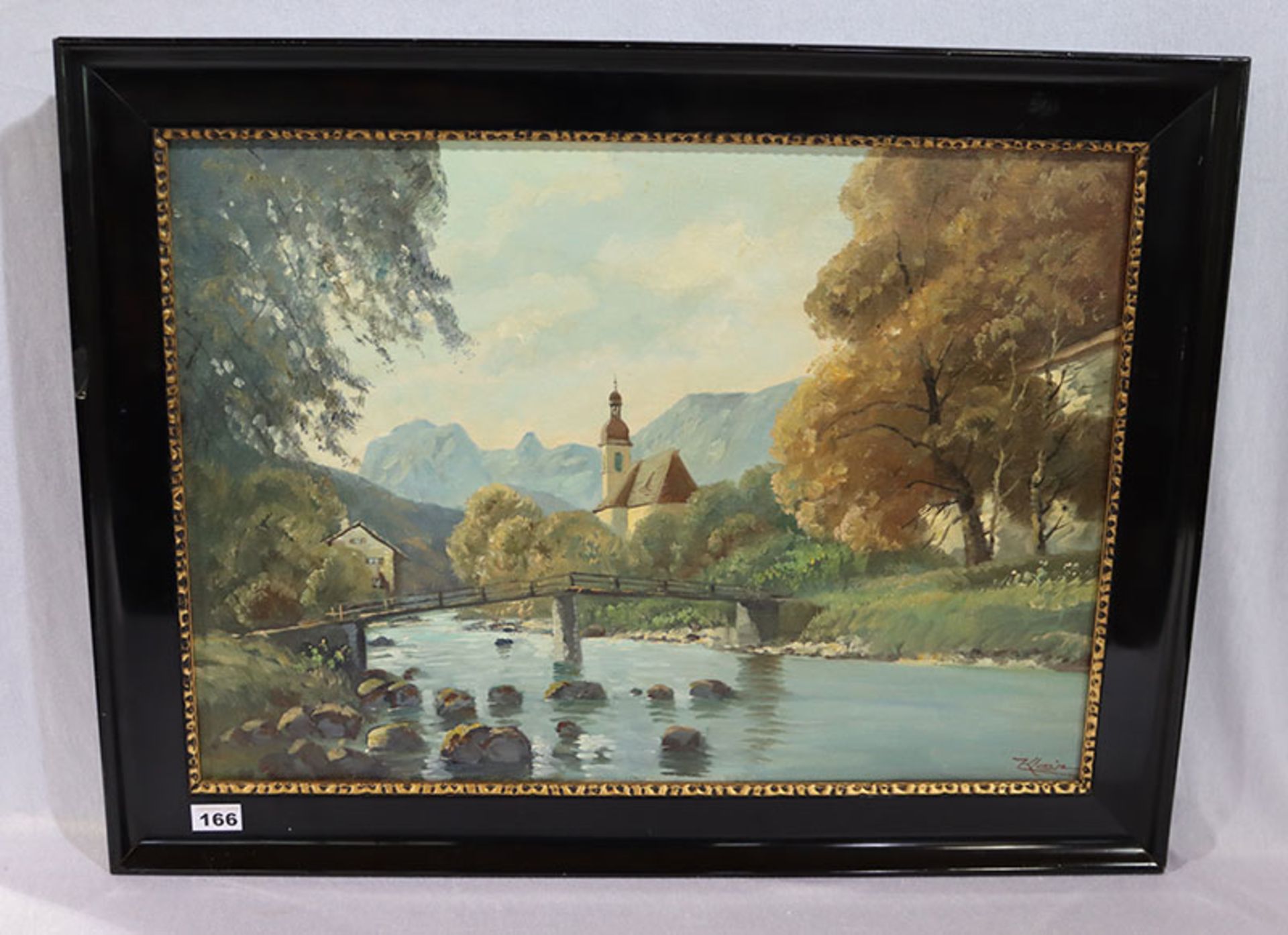 Gemälde ÖL/LW 'Kirche in Ramsau', signiert Klein, gerahmt, Rahmen, incl. Rahmen 61 cm x 82 cm