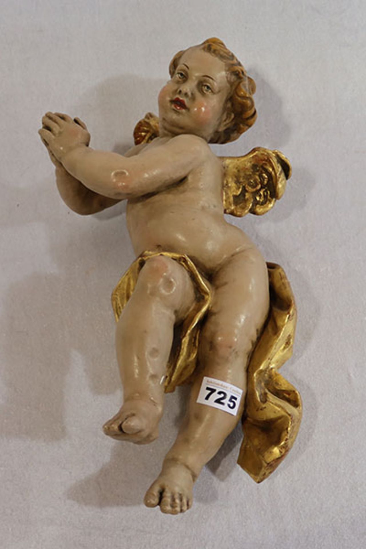 Holzfigur 'Engel', farbig gefaßt mit Blattgoldfassung, schöne Handarbeit, H 44 cm, leicht berieben