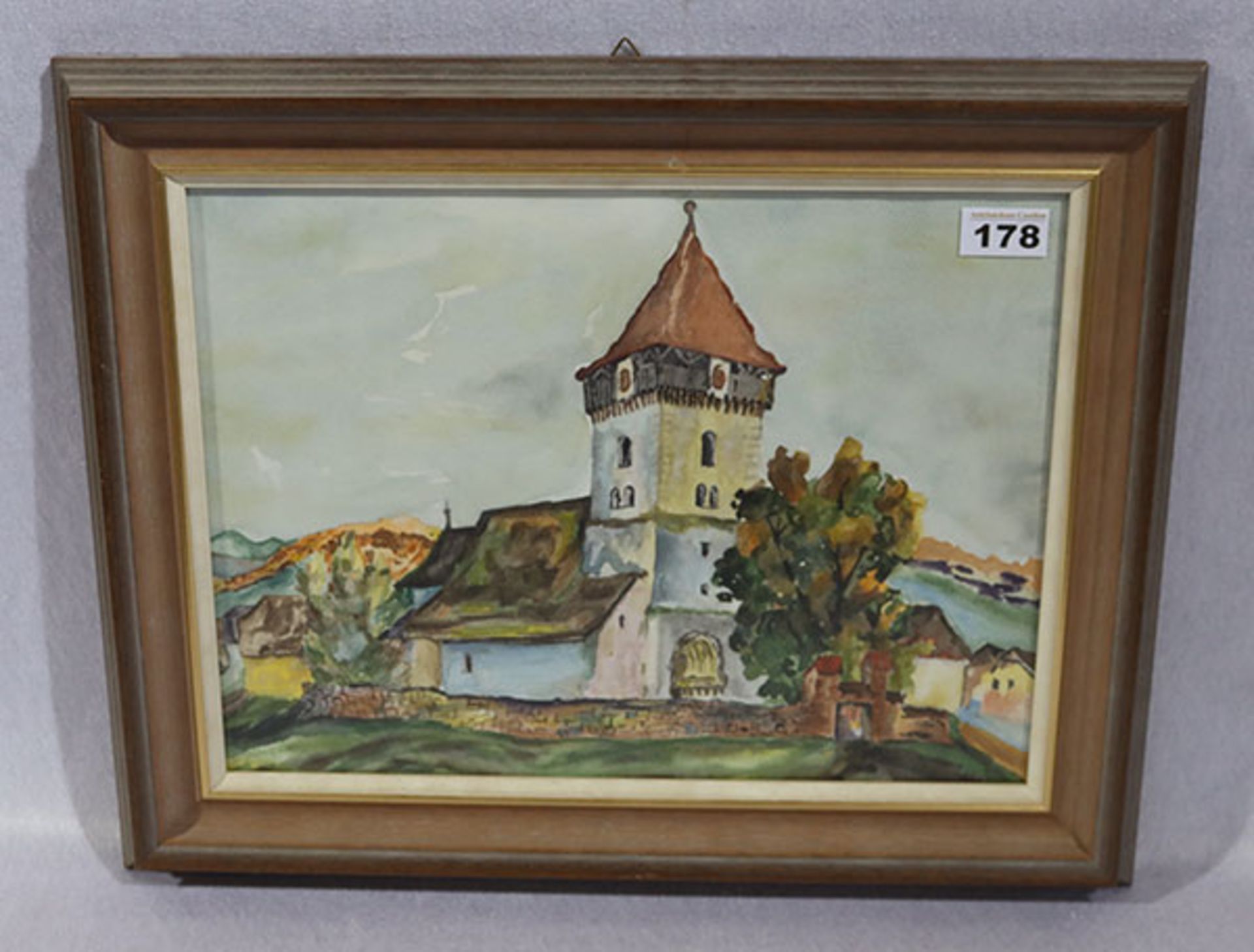 Aquarell 'Kirchenansicht', undeutlich signiert, unter Glas gerahmt, incl. Rahmen 40 cm x 50 cm