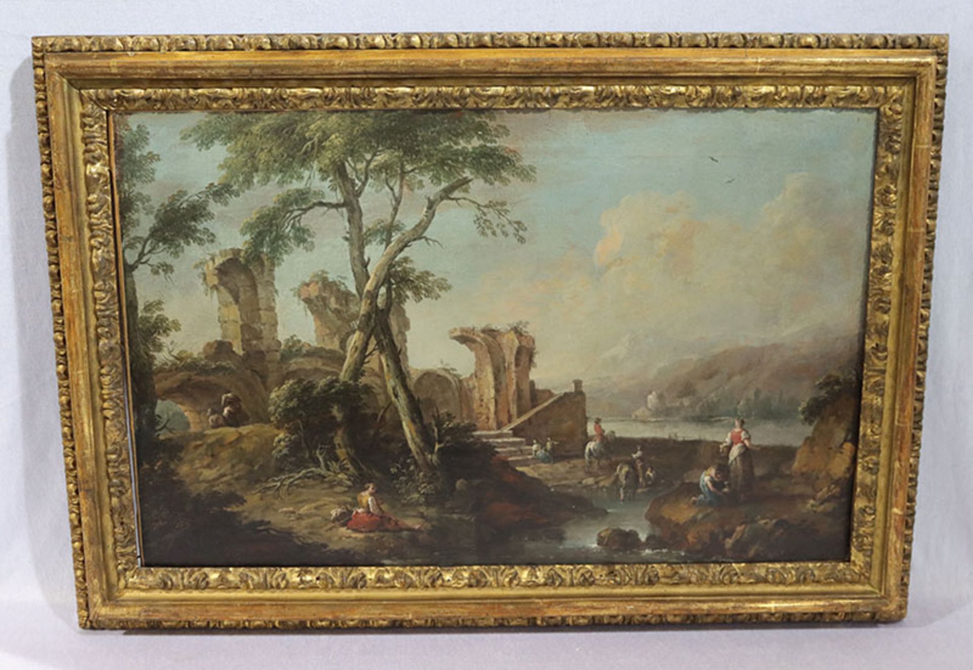 Gemälde ÖL/LW 'Landschafts-Szenerie mit Ruine und Figurenstaffagen', um 1800, LW doubliert, gerahmt,