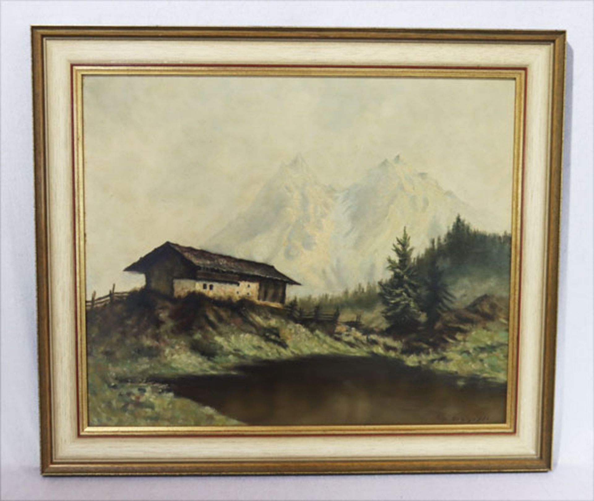 Gemälde ÖL/Hartfaser 'Bauernhaus im Hochgebirge', bez. Kop. Schöffl, gerahmt, incl. Rahmen 60 cm x