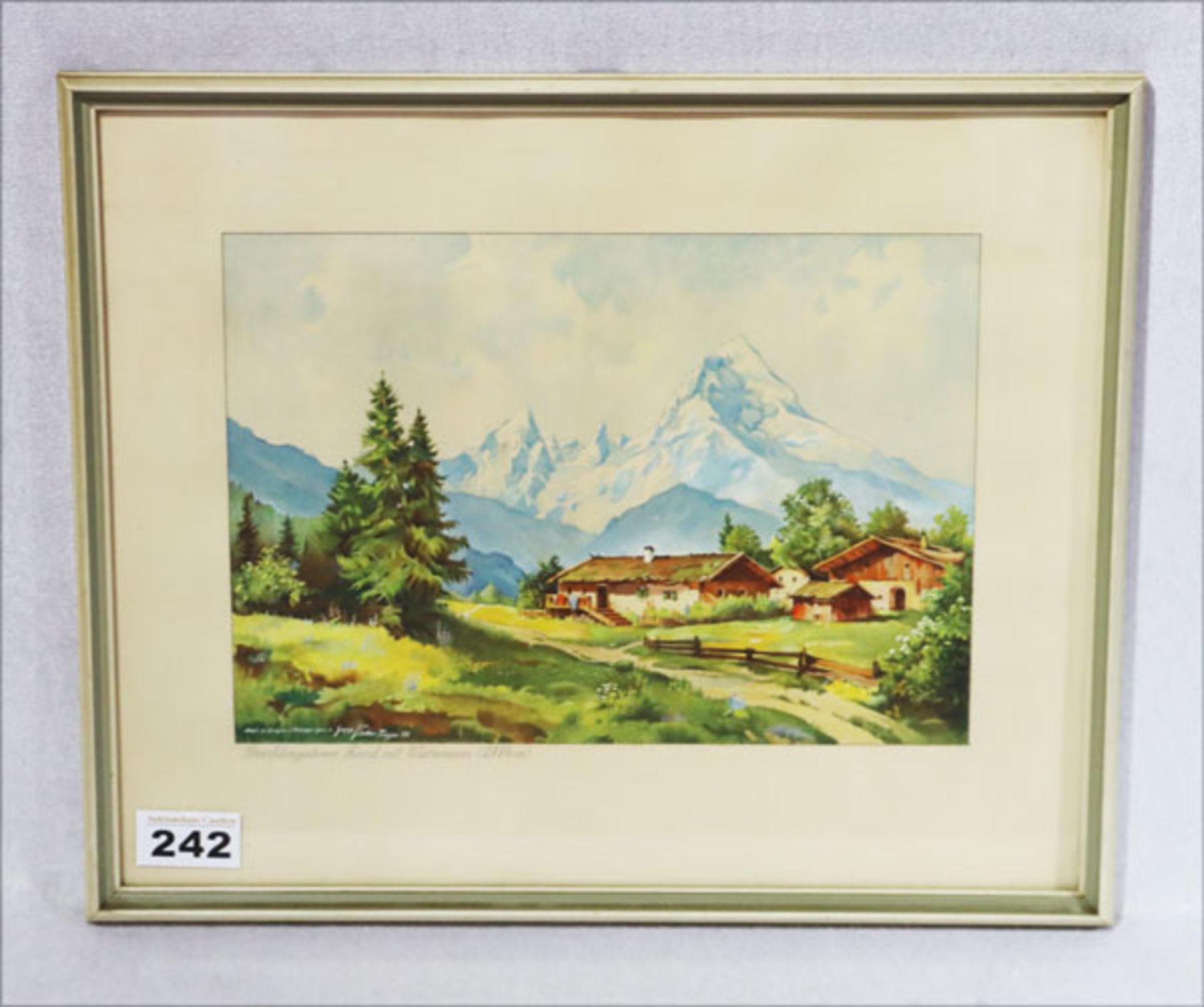 Aquarell 'Berchtesgadner Land mit Watzmann', nach d. Origina. v. Karger gez. Sepp Fischer, Treyso