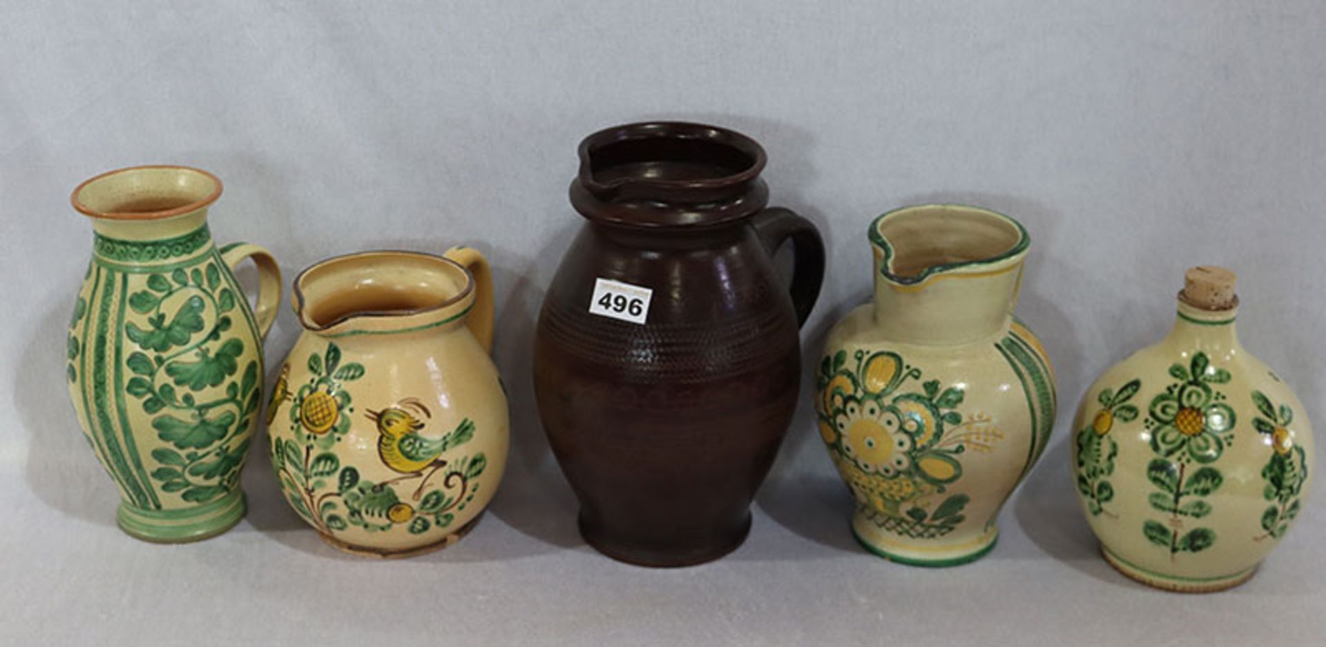 Konvolut von Kagel Keramik Henkelkrüge und eine Henkelflasche, verschiedene Dekore, H 18/26,5 cm,