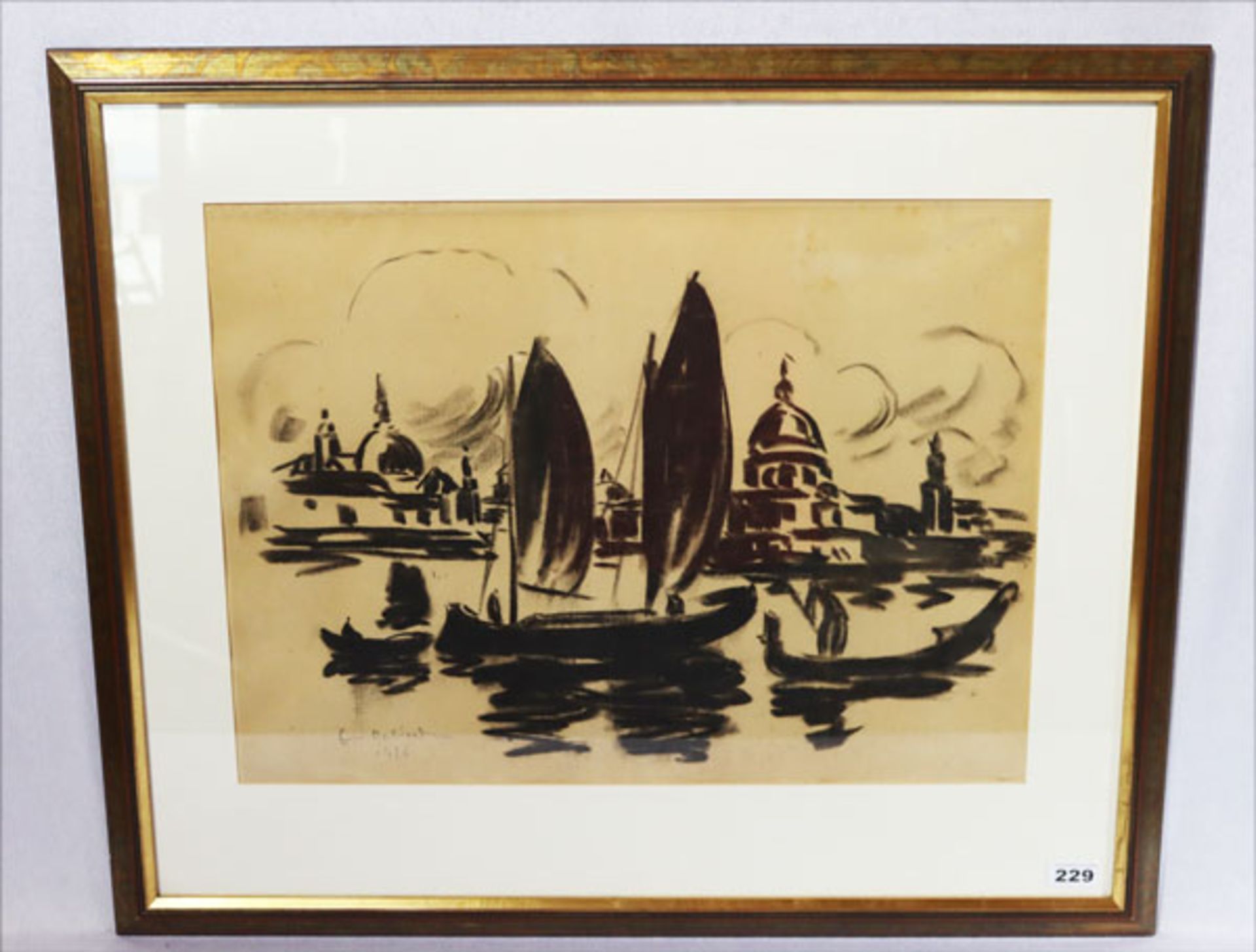Zeichnung 'Boote vor Venedig', undeutlich signiert, datiert 1926 cm, mit Passsepartout unter Glas