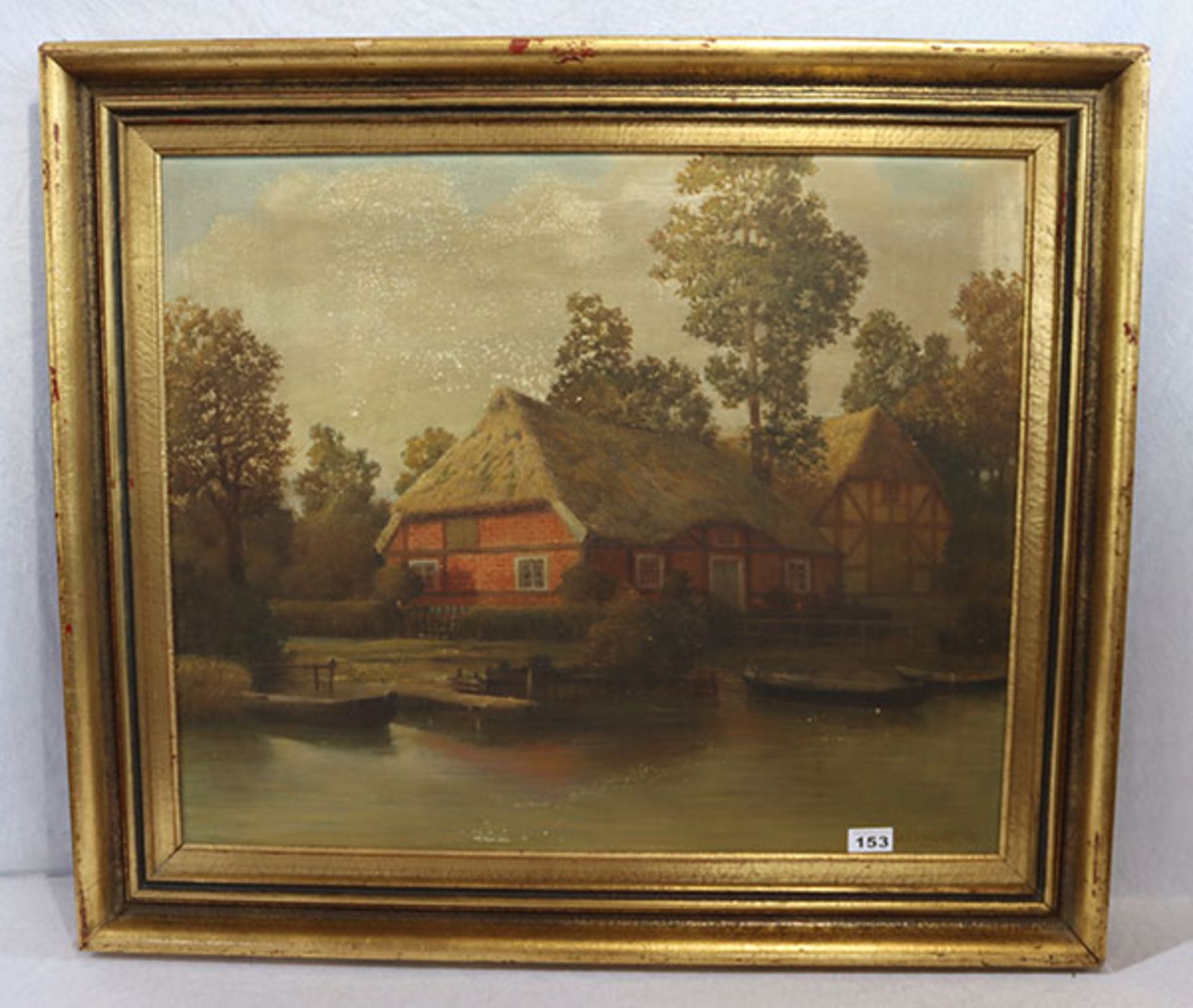 Gemälde ÖL/LW 'Reetdachhaus am Flußlauf', signiert A. Ceriwoll ? 43, Bildoberfläche stark