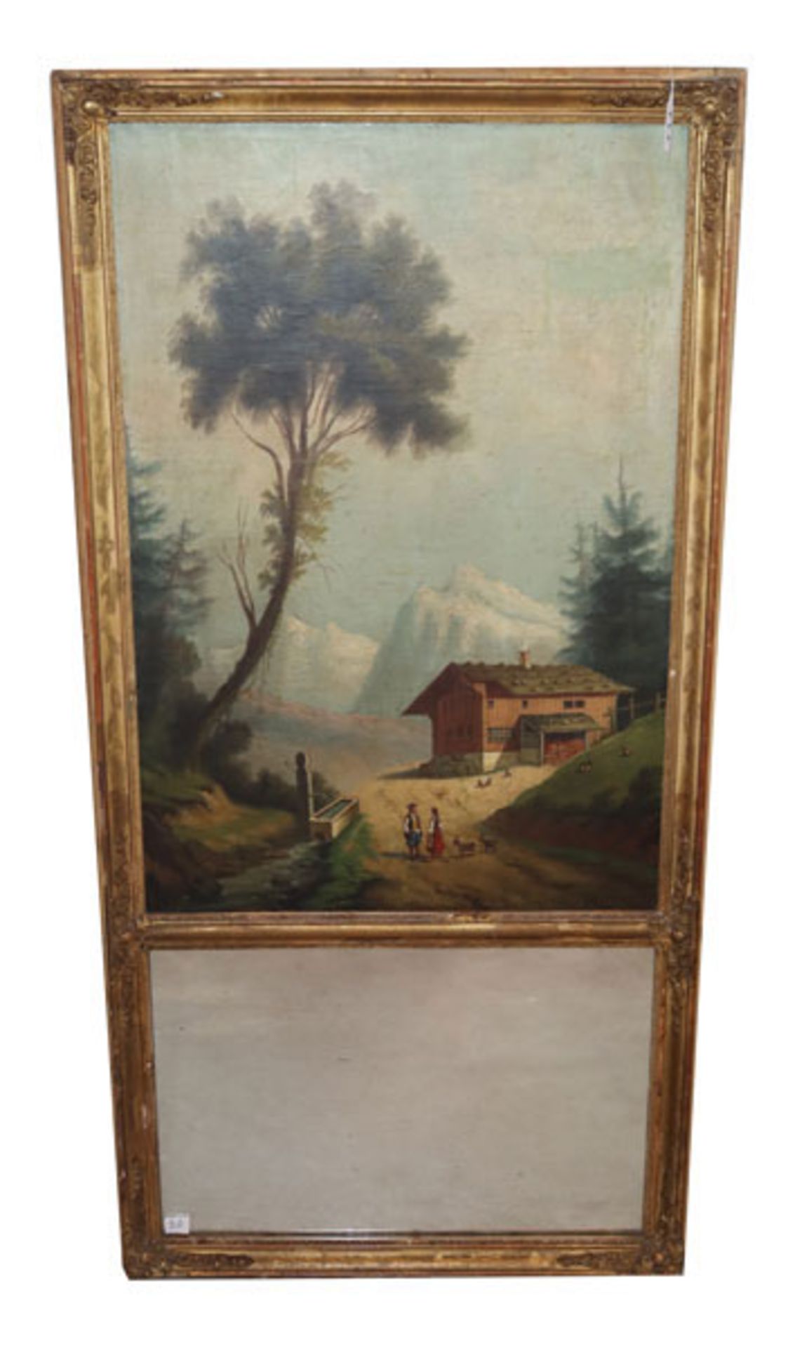 Gemälde ÖL/LW 'Gebirgslandschaft mit Bauernhauf', mit Spiegel, gerahmt, Rahmen beschädigt, incl.