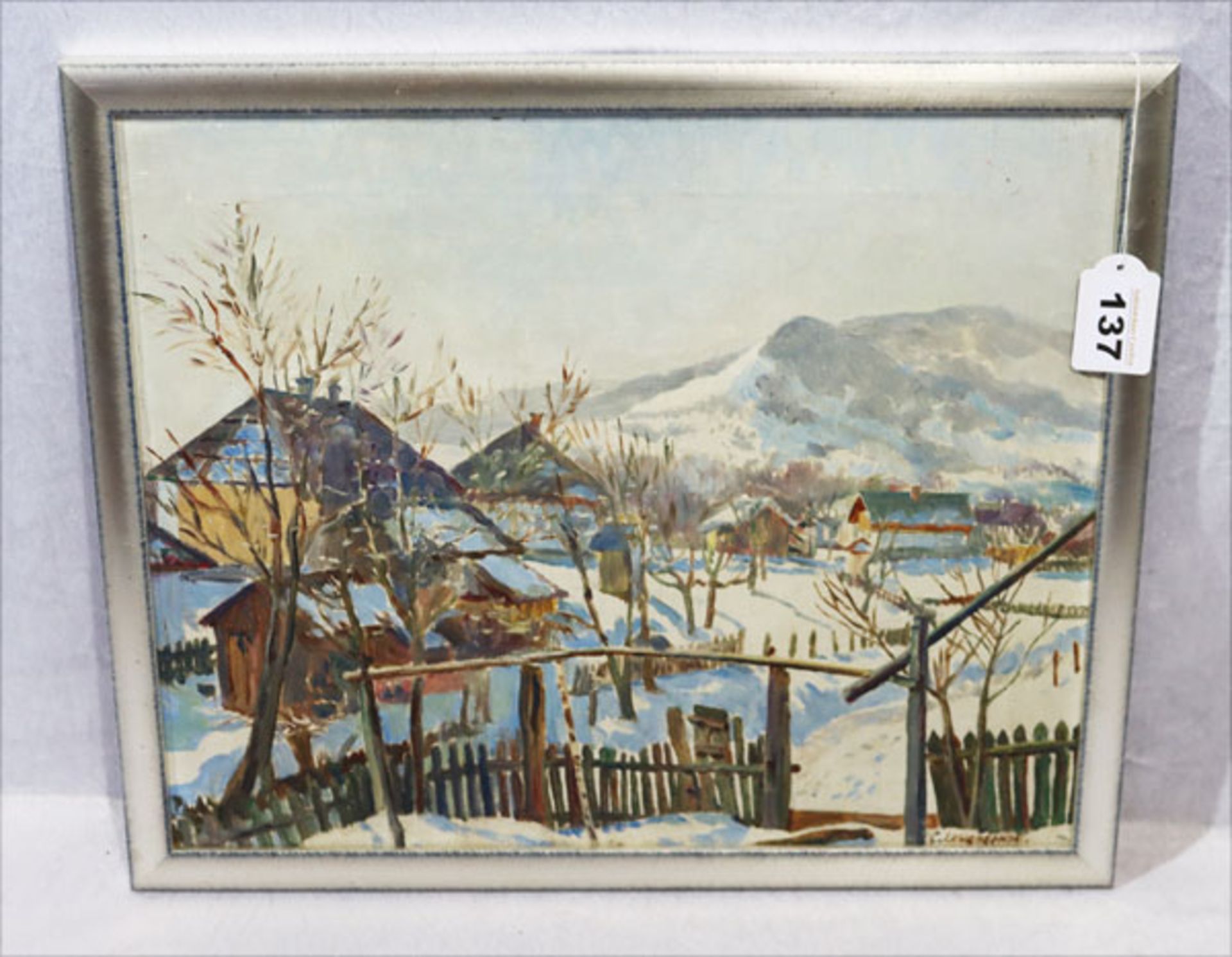Gemälde ÖL/Malkarton 'Winterlandschaft mit Dorf', signiert C. Lewandowski, gerahmt, Rahmen leicht