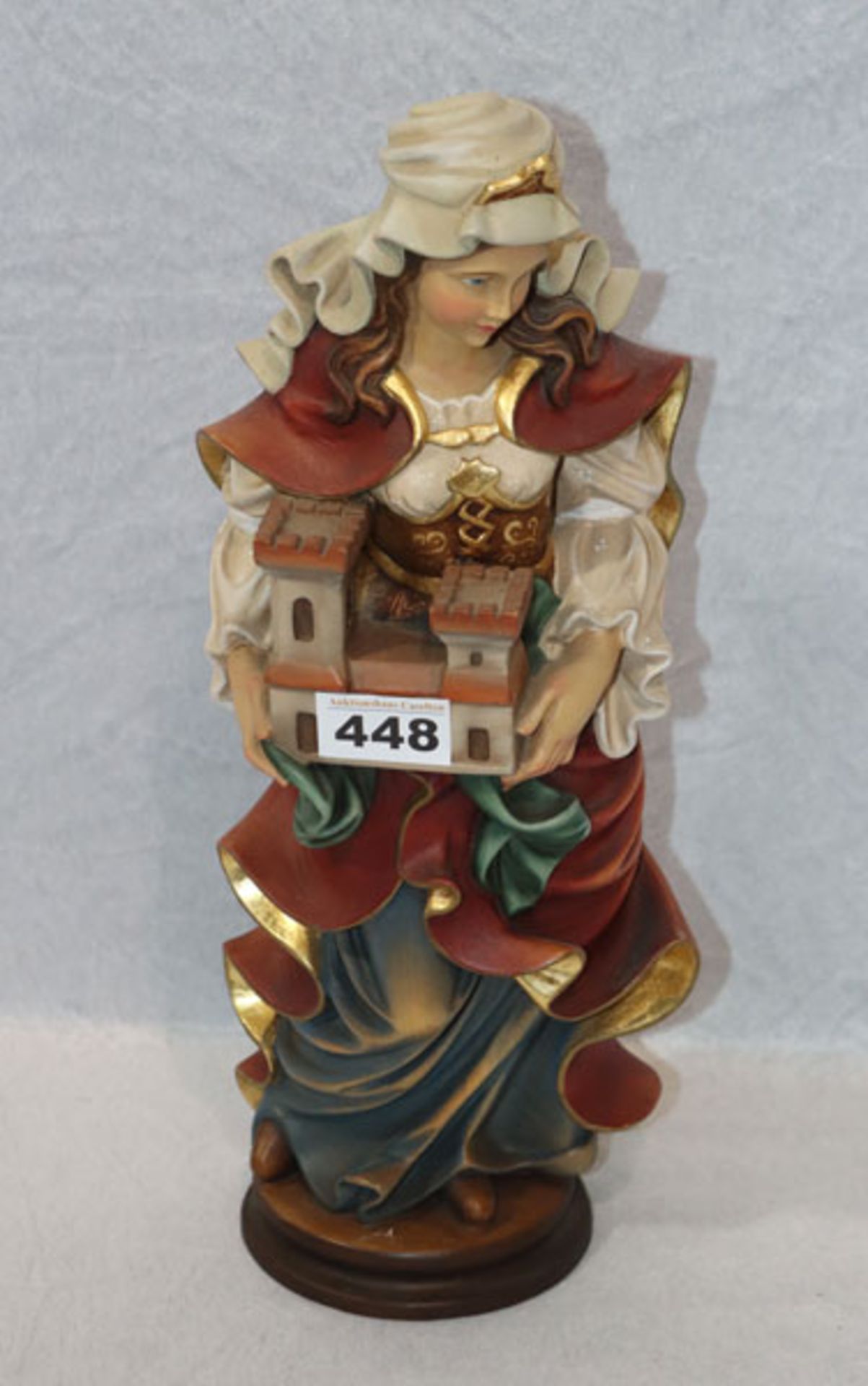 Holzskulptur 'Heilige Barbara', farbig gefaßt, Holzschnitzerei Oberammergau, H 38,5 cm