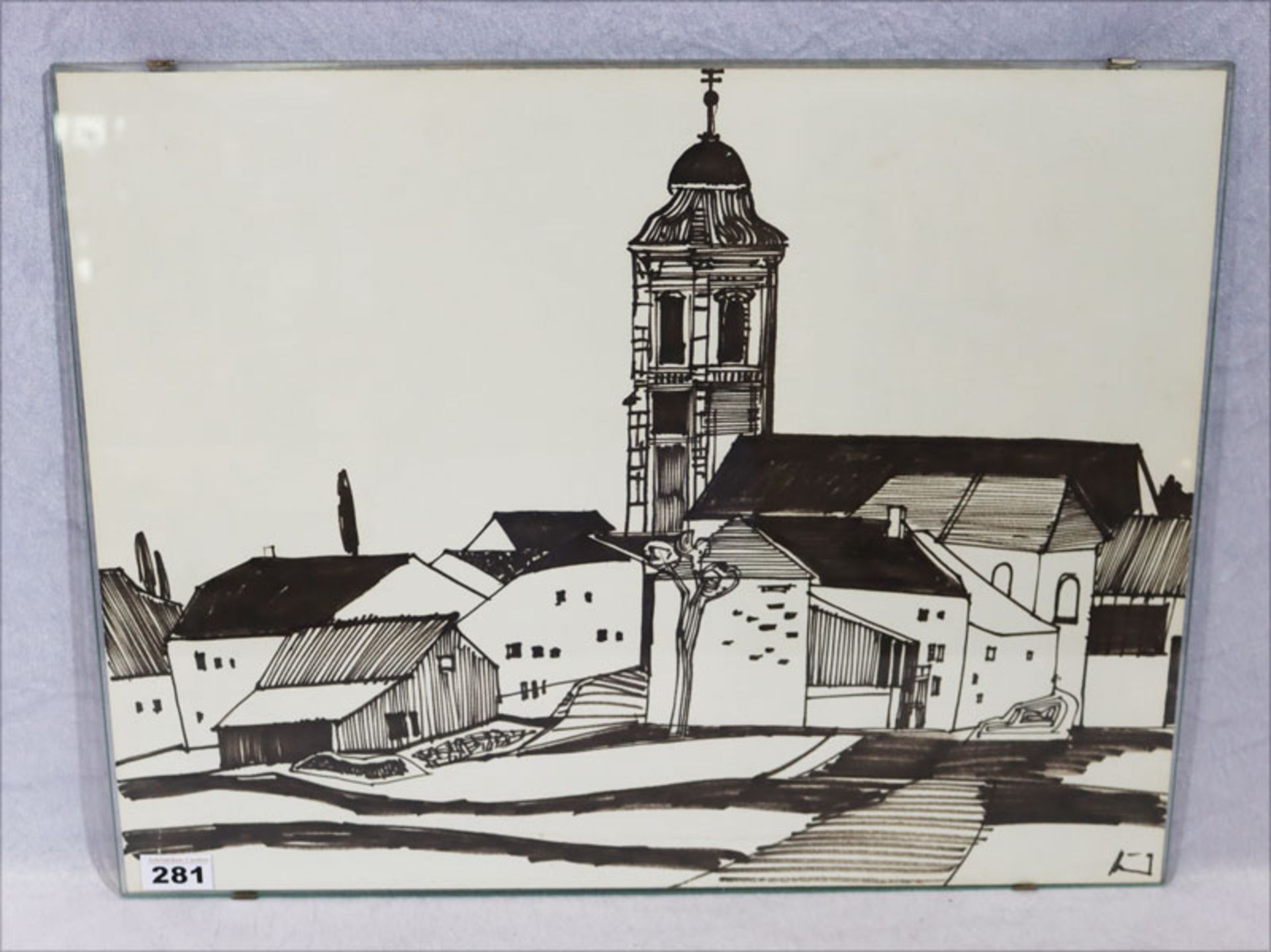 Zeichnung 'Dorf mit Kirche', signiert Nerud, Josef Karl, * 1900 Simbach am Inn + 1982 ebd., Nerud