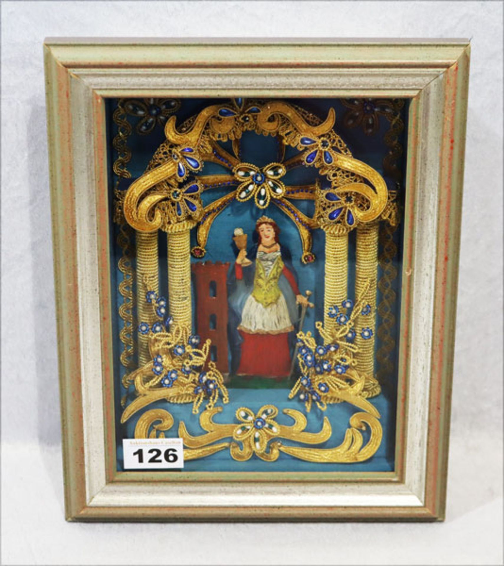 Klosterarbeit mit Zinnbild 'Heilige Barbara', reich verziert, unter Glas gerahmt, incl. Rahmen 31 cm