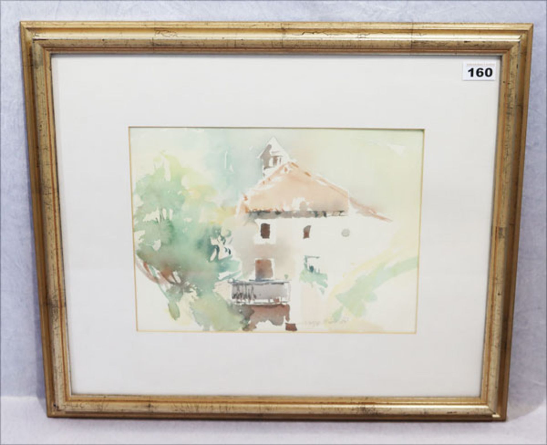 Aquarell 'Haus in Sand in Taufers', signiert Theresia Volgger Fiedler, mit Passepartout unter Glas