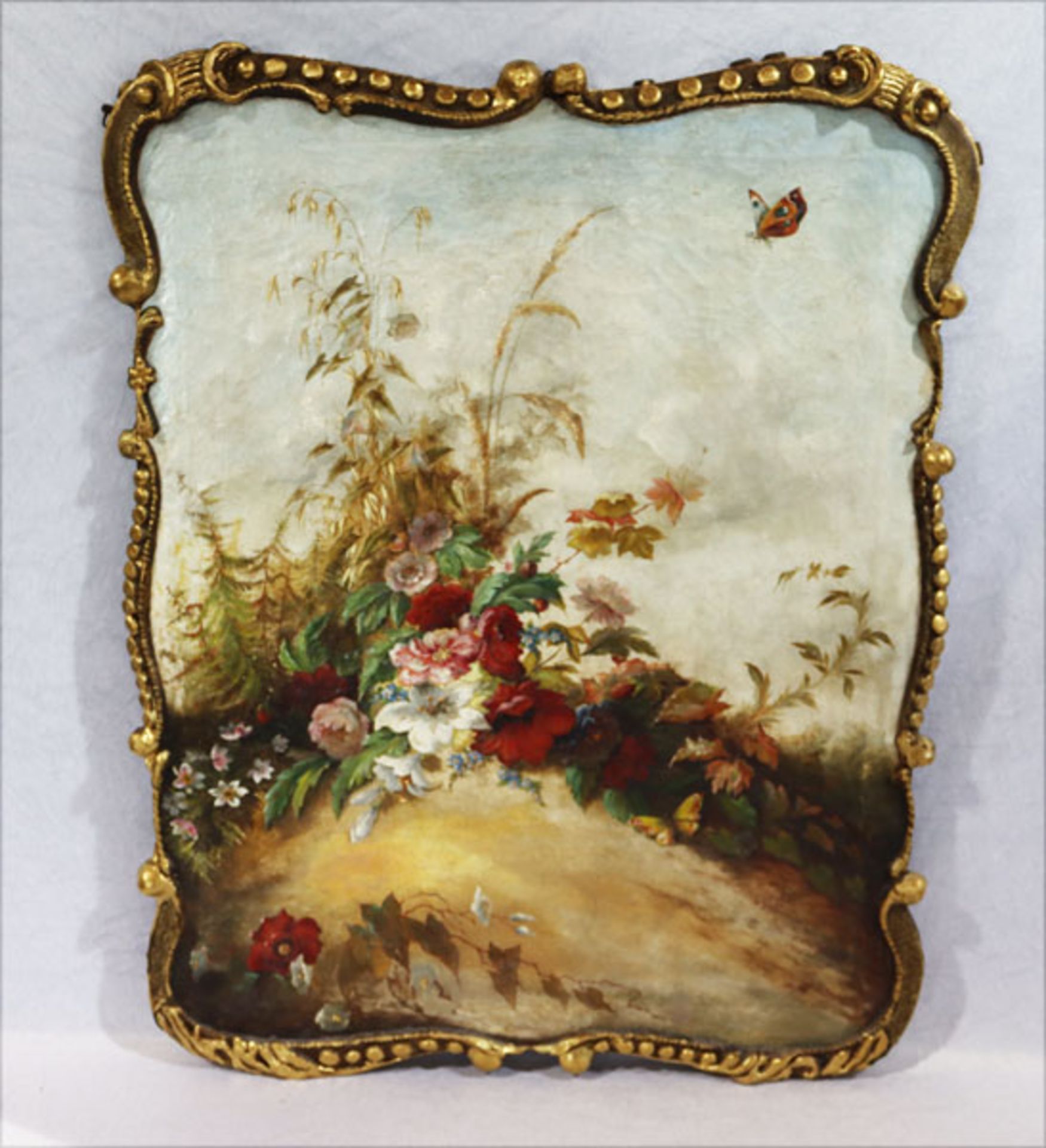 Gemälde ÖL/LW 'Blumenstillleben mit Schmetterlingen', restauriert, Bildoberfläche krakeliert,
