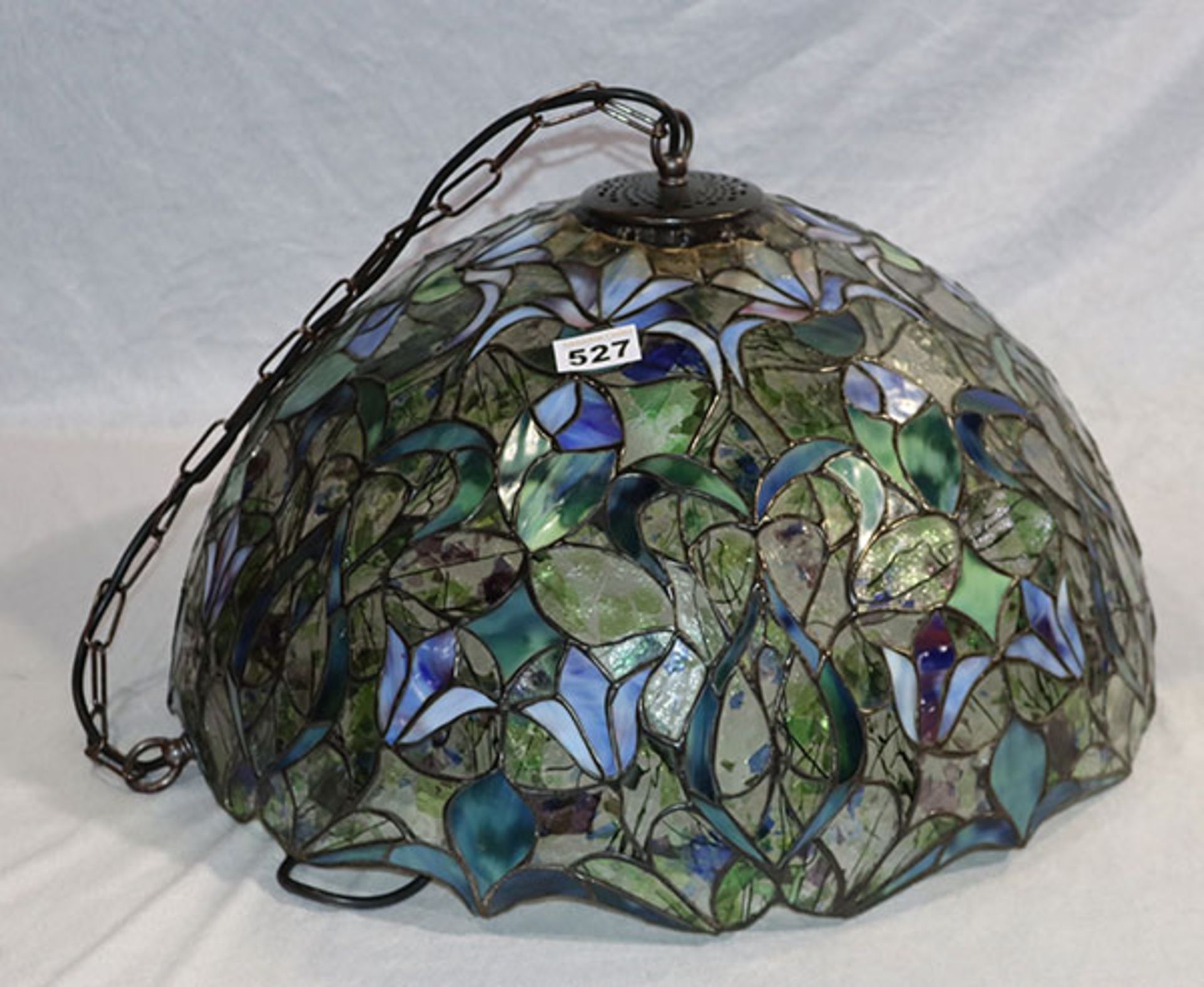 Glas Hängelampe im Tiffany Stil, blau/grünes Blumendekor, D 50 cm, gut erhalten, Funktion nicht