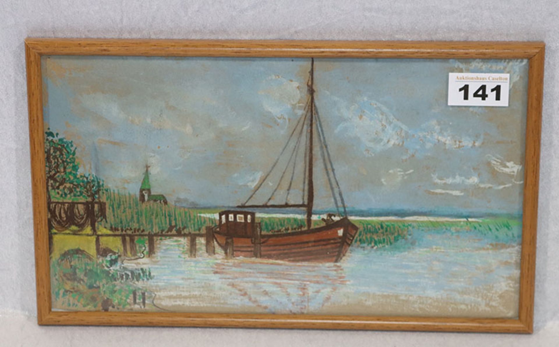 Gemälde Mischtechnik 'Ufer-Szenerie mit Schiff', unter Glas gerahmt, incl. Rahmen 19,5 cm x 33 cm