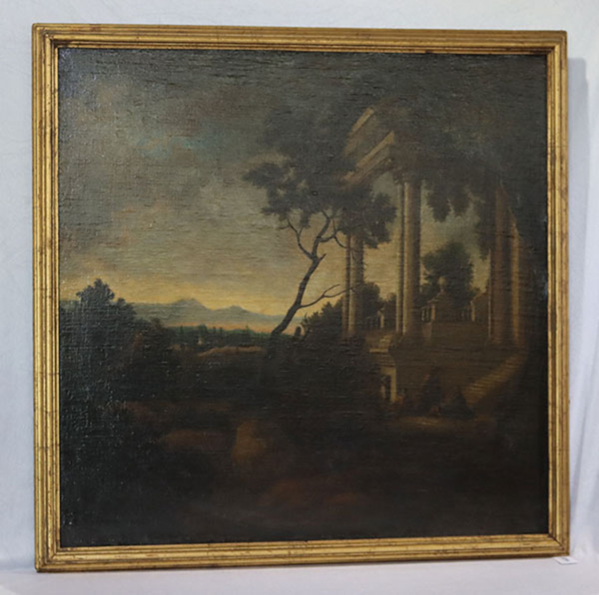 Gemälde ÖL/LW 'Südländische Landschafts-Szenerie mit Säulenruine', 19. Jahrhundert, gerahmt,