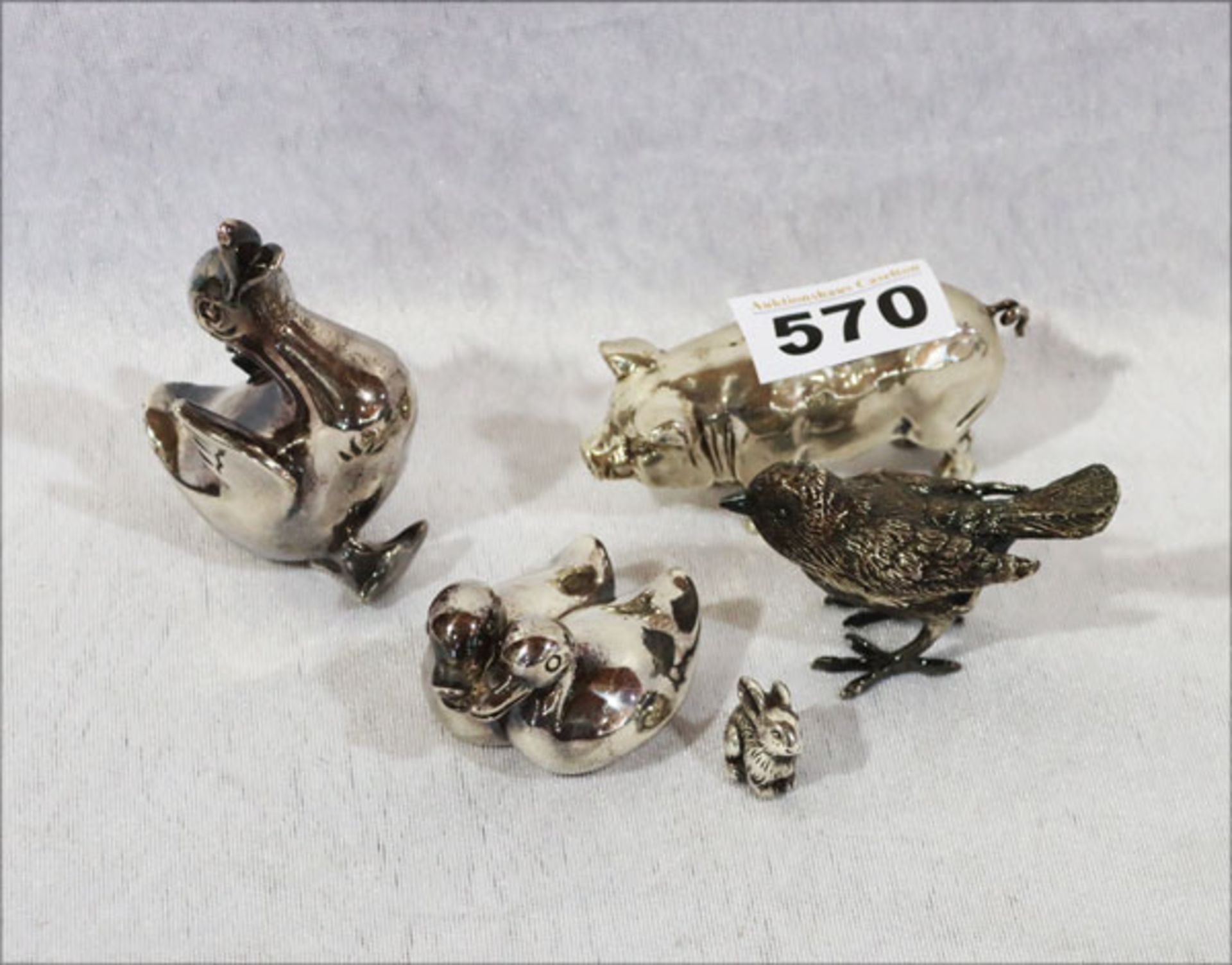 Konvolut von 5 Silber Tieren, Schwein, Vogel, Enten und Hase, 800/925 Silber, zus. 307 gr.