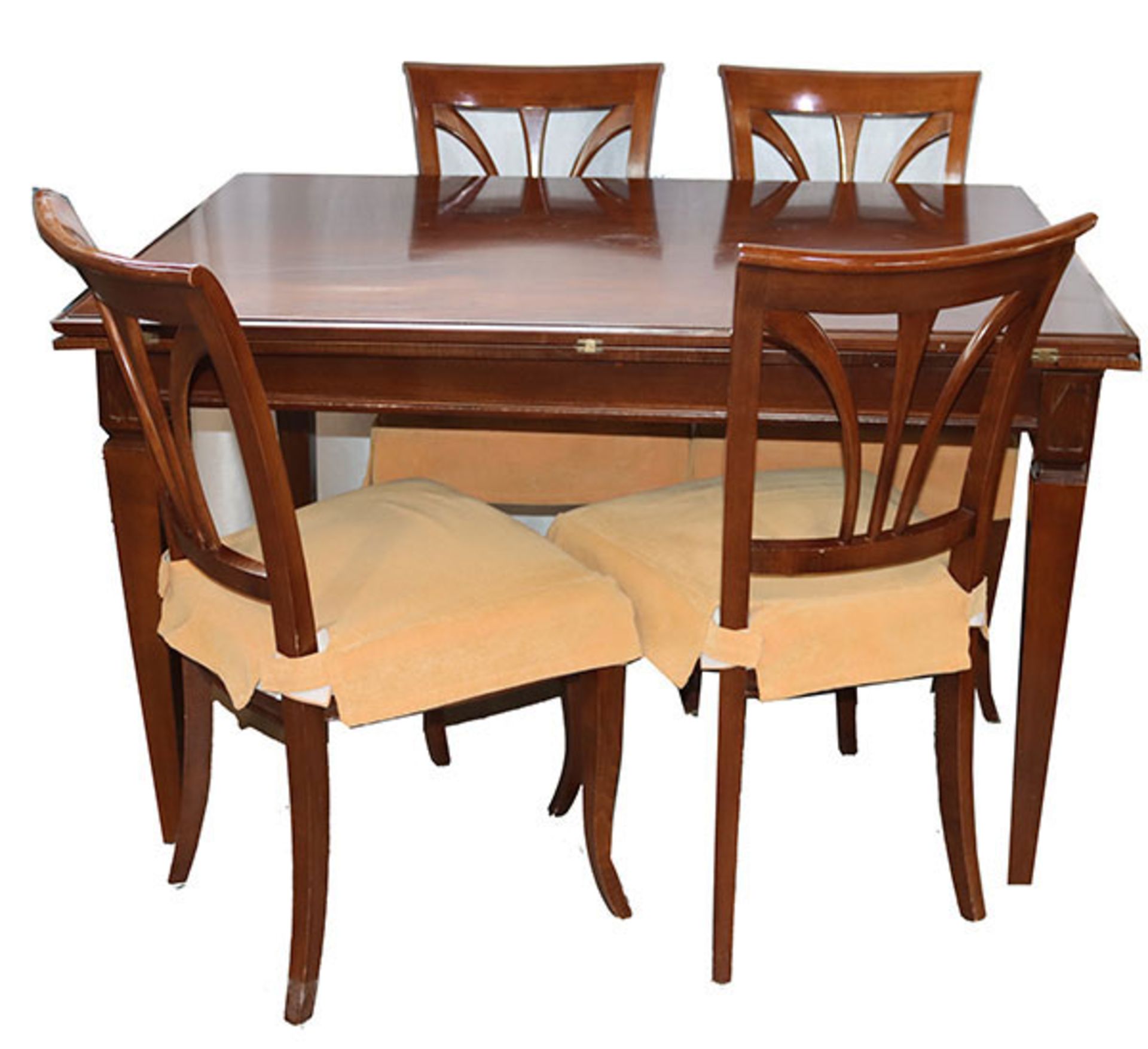 Eßtisch Garnitur, Tisch, aufklappbar, H 78 cm, L 129 cm, B 90 cm, und 4 Stühle und 2