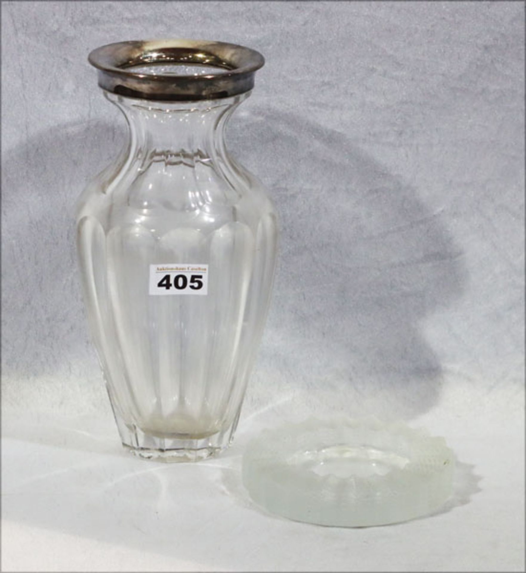 Glas Kristallvase mit 835 Silberrand, Geschliffen, H 27 cm, Gebrauchsspuren, und Lalique