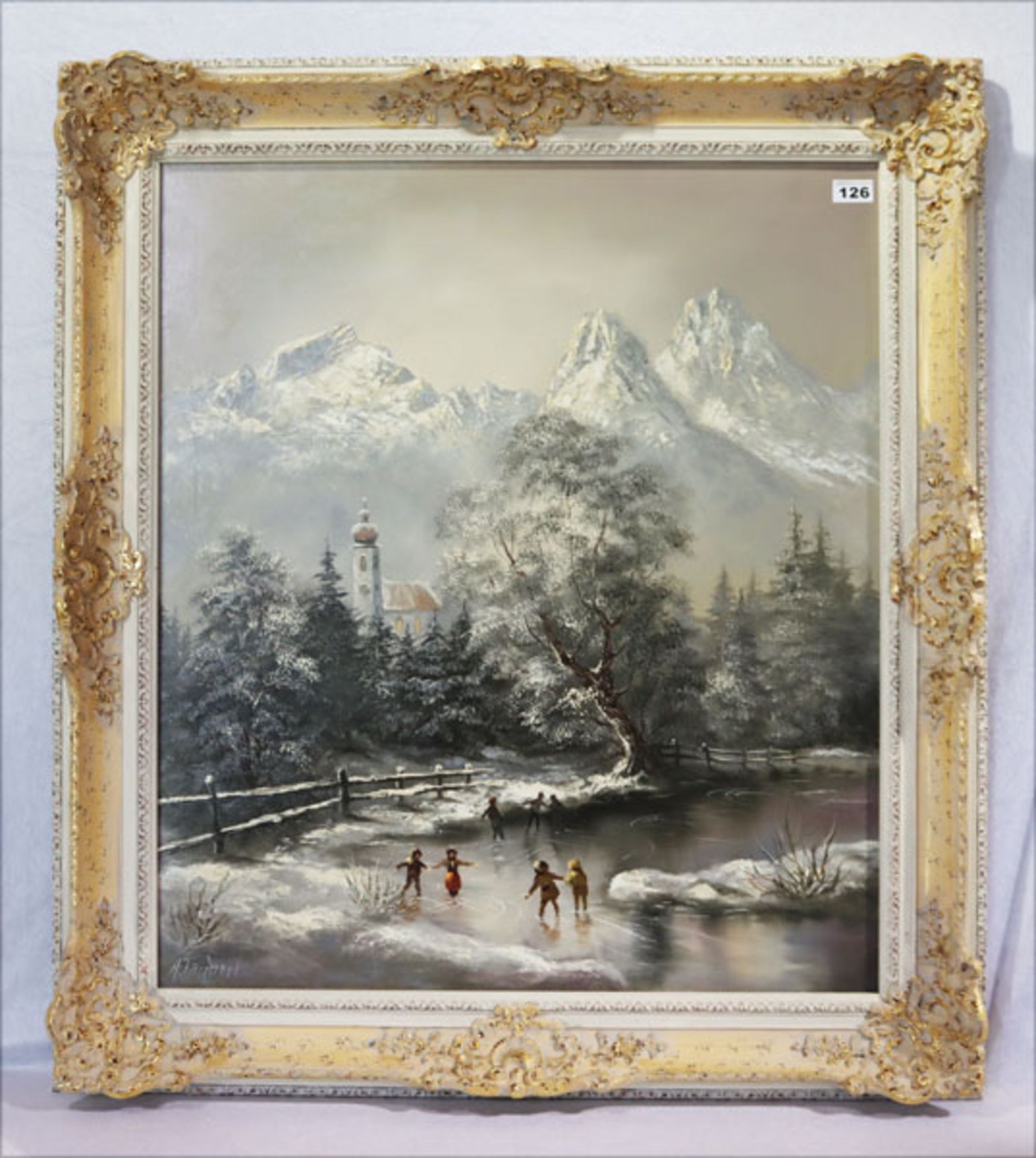 Gemälde ÖL/LW 'Kirche vor Wettersteingebirge im Winter', signiert H. Täubert, Maler, Landschaften
