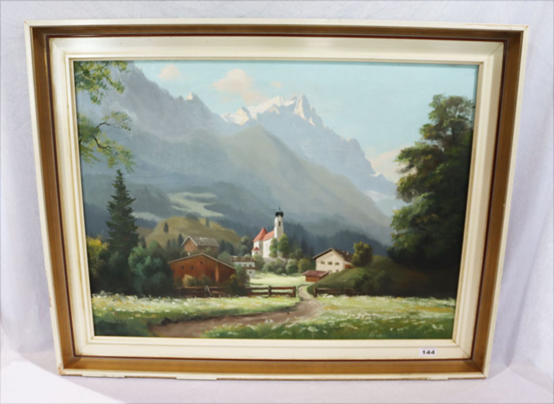 Gemälde ÖL/LW 'Grainau mit Kirche vor Zugspitze', signiert Ruscher, Garmisch, * 1918 Dresden +