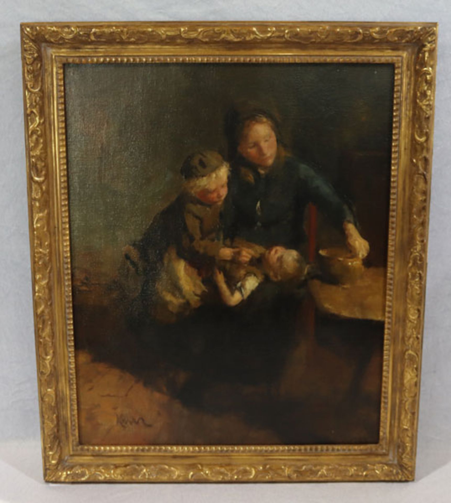 Gemälde ÖL/LW 'Mutter mit 2 Kinder', signiert Kever, Hein Kever, * 1854 + 1922, gerahmt, incl.