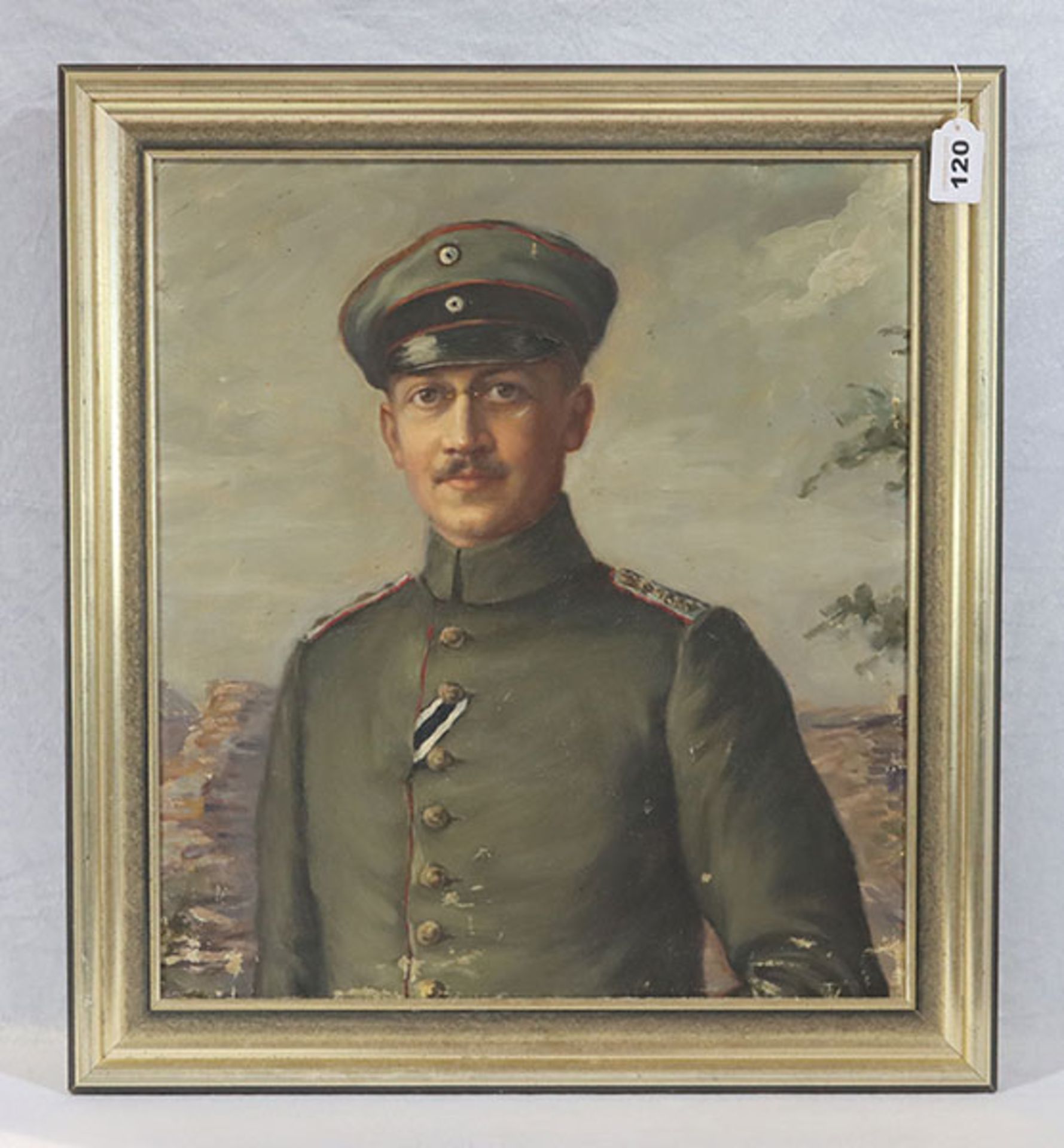 Gemälde ÖL/LW 'Offizier aus dem 1. Weltkrieg', LW wurde mehrmals gefaltet und gerahmt, Rahmen