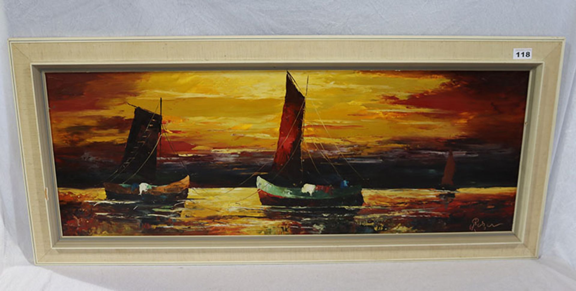 Gemälde ÖL/Hartfaser 'Segelboote bei Sonnenuntergang', signiert Retzer, Wilhelm Retzer,