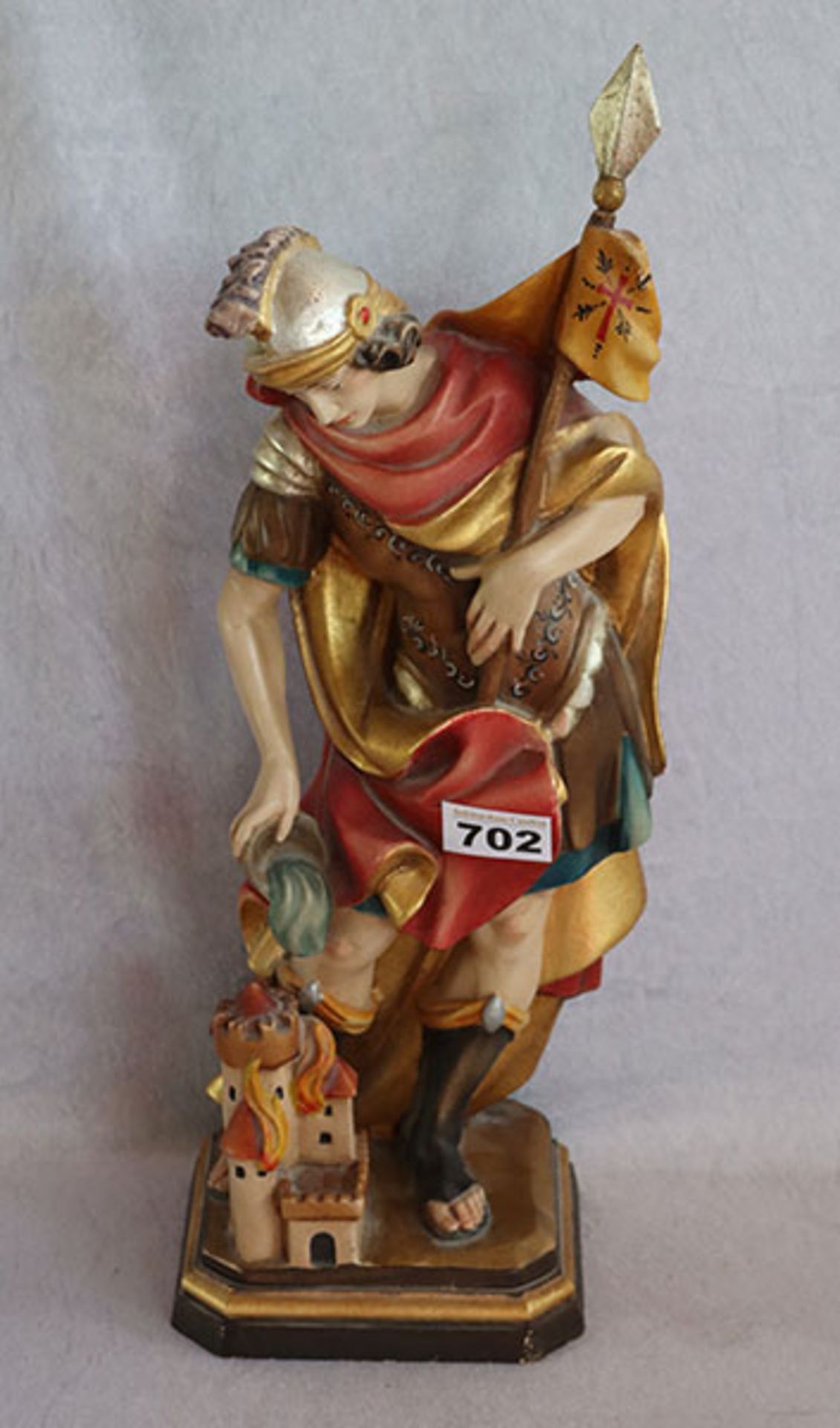 Holzskulptur 'Heiliger Florian', farbig gefaßt, beschädigt und geklebt, H 47 cm