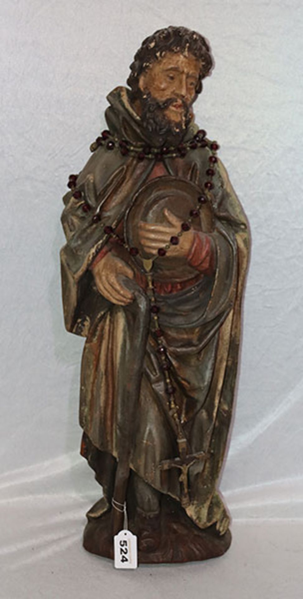 Guß Wandfigur 'Heiliger Rochus', farbig gefaßt, Fassung beschädigt, H 70 cm, und Rosenkranz,