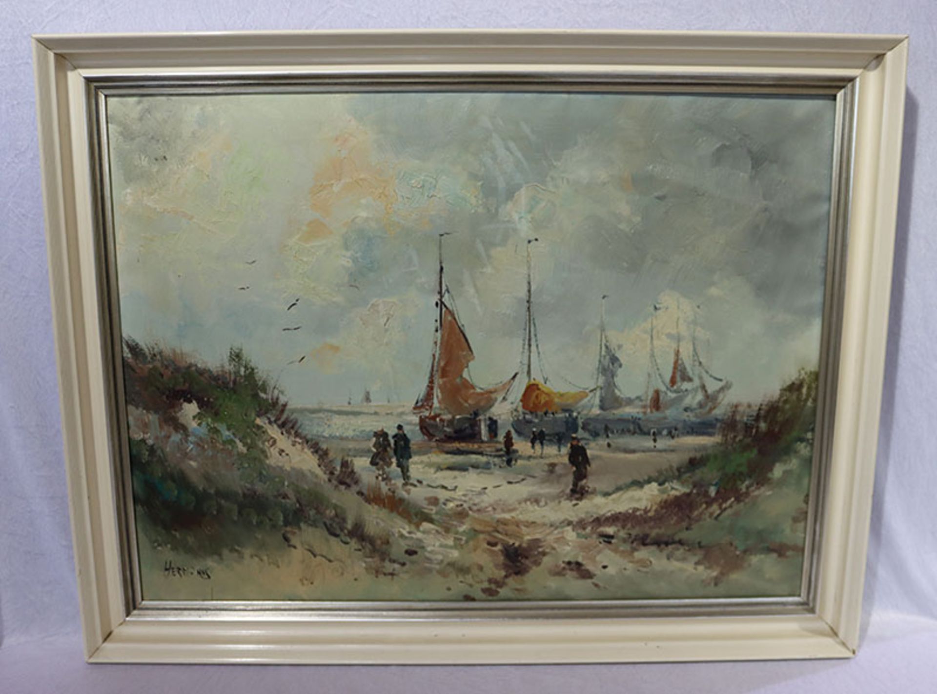 Gemälde ÖL/LW 'Holländische Küsten-Szenerie mit Segelbooten', signiert Hermanns, ev. Heinrich ?,