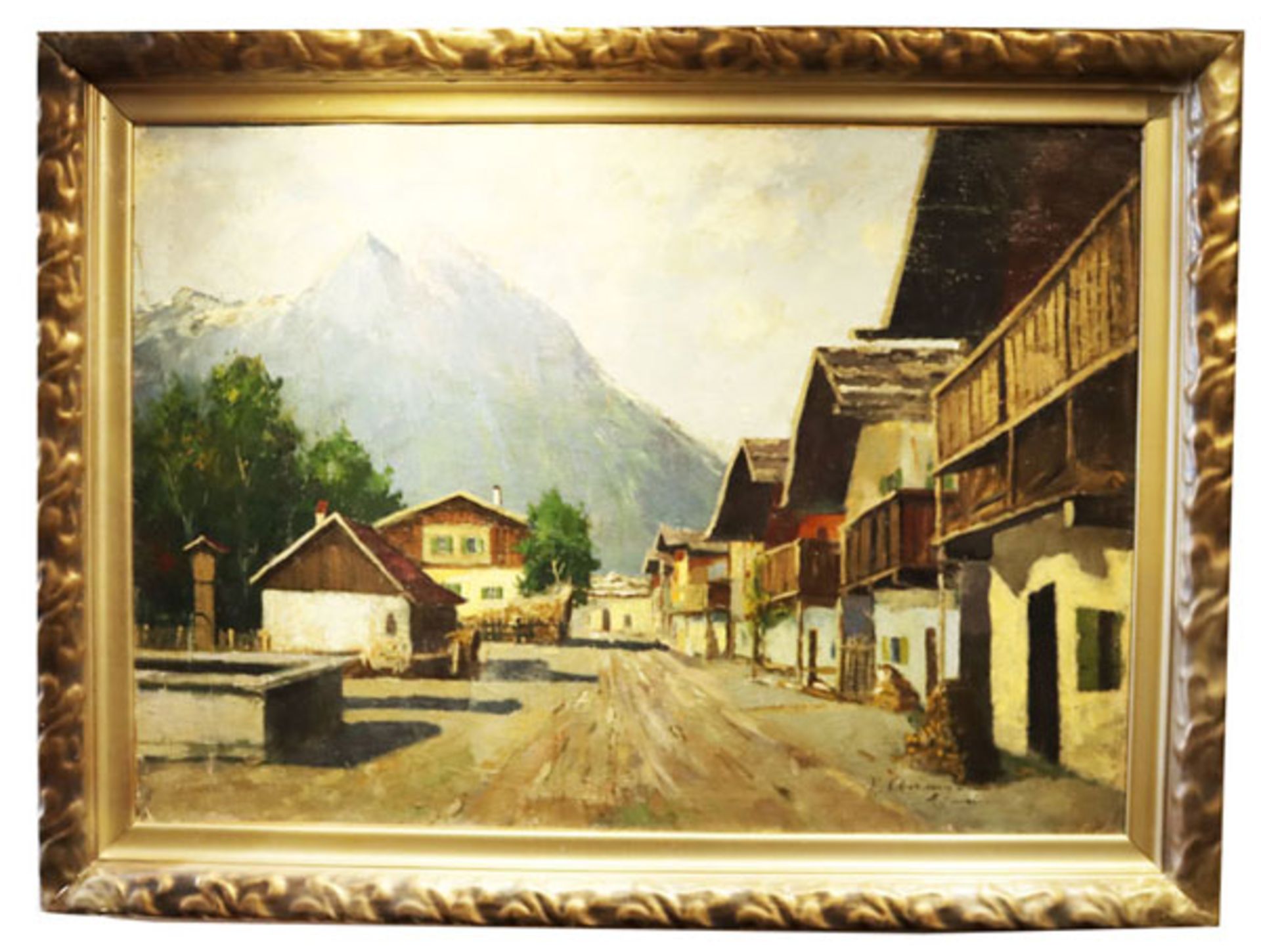 Gemälde ÖL/LW 'Frühlingsstrasse in Garmisch mit Blick zum Wettersteingebirge', undeutlich signiert