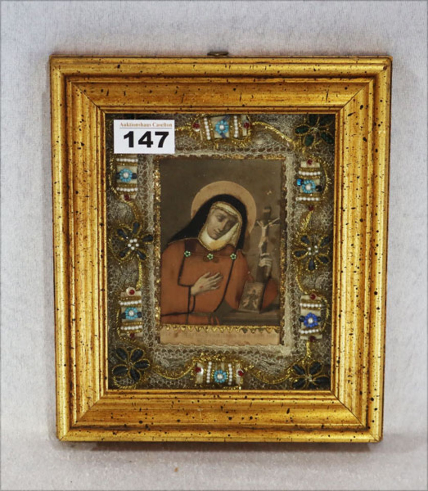 Klosterarbeit Papier bestickt mit Bildnis 'Die Maria Franzsika von den fünf Wunden Christi' mit
