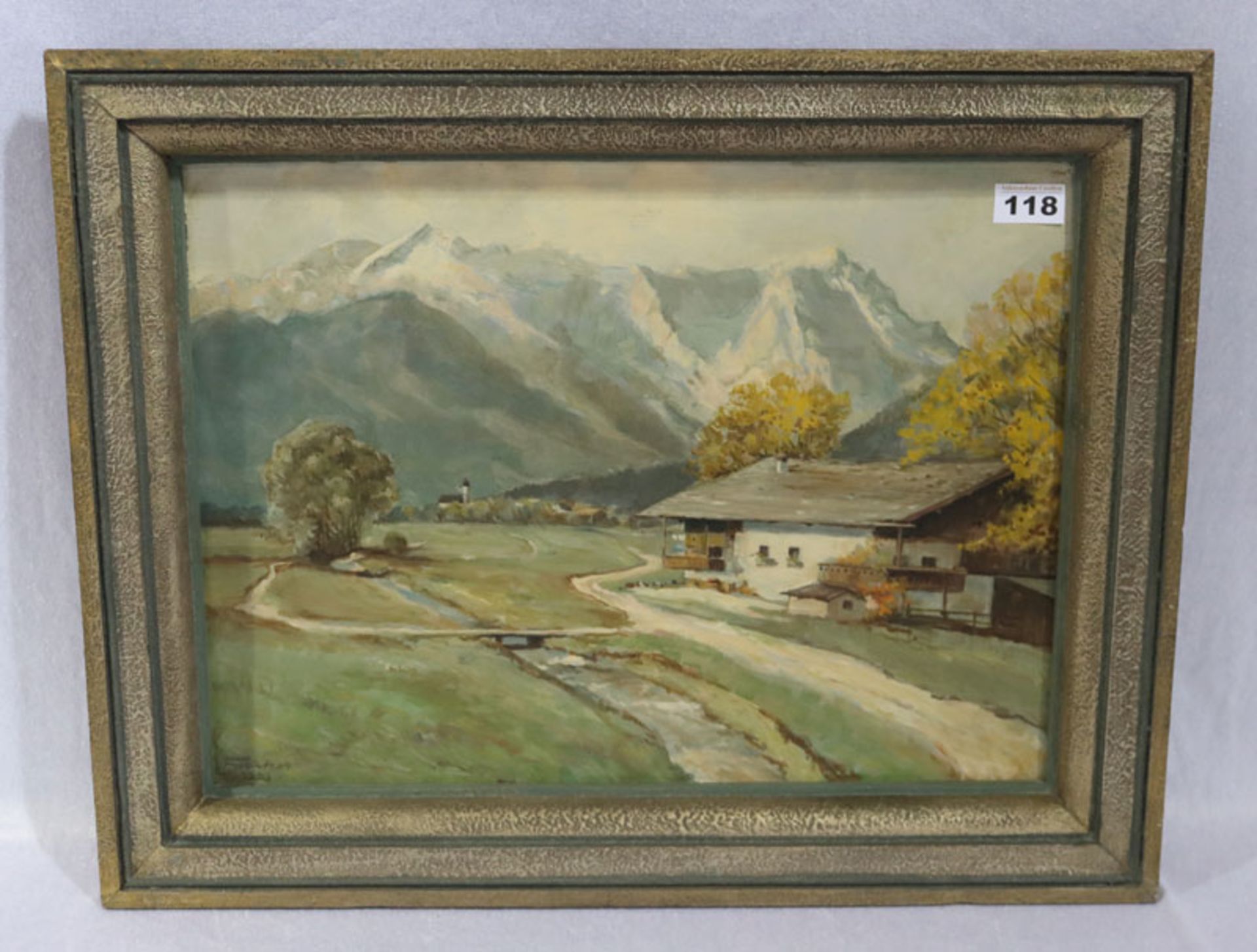 Gemälde ÖL/Hartfaser 'Bergbauernhof vor Wettersteingebirge', signiert Frankes ?, datiert 1913,