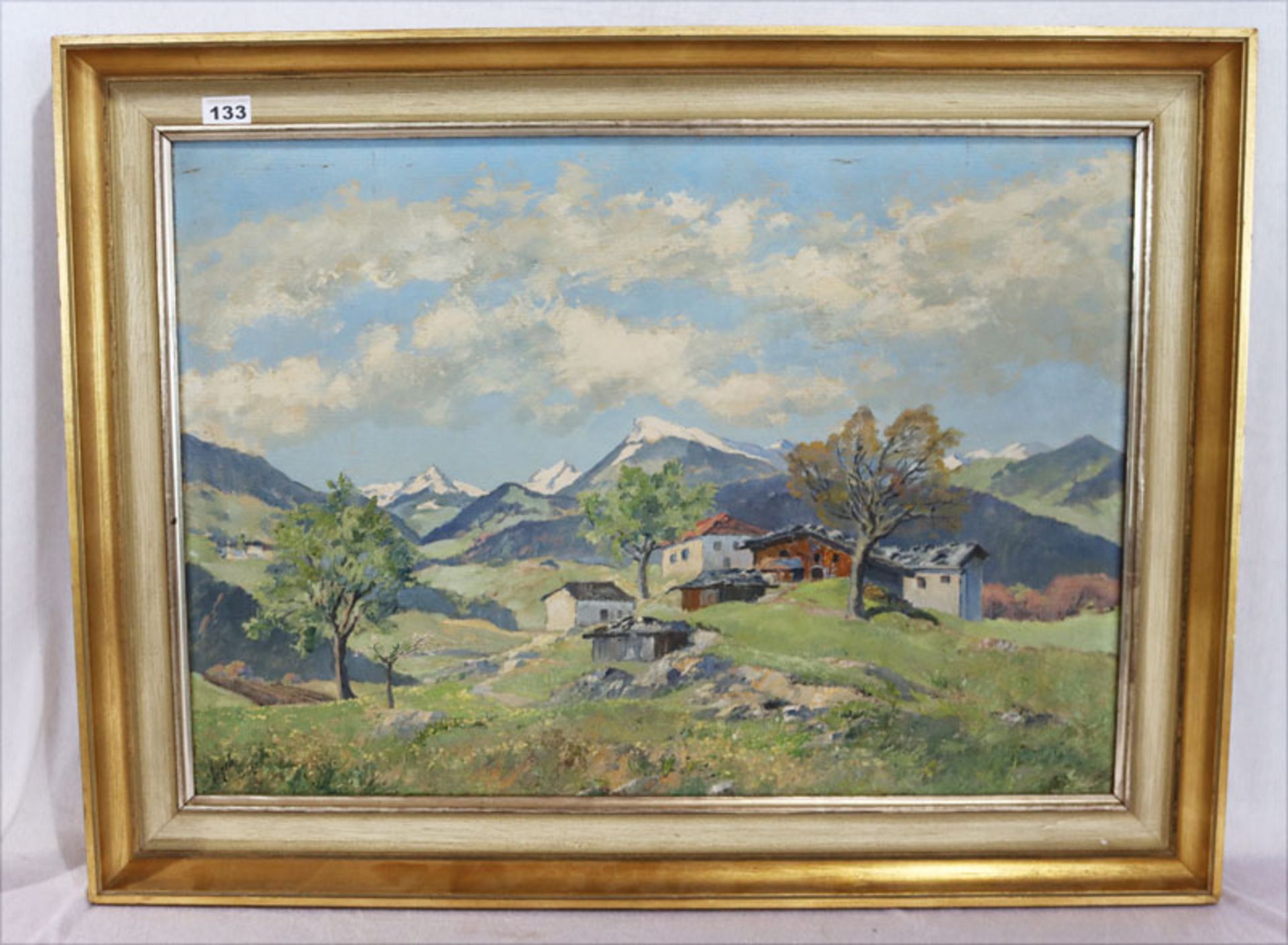 Gemälde ÖL/Malkarton 'Häuser im Hochgebirge', signiert Engels, gerahmt, Rahmen bestossen, incl.