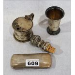 Silber-Konvolut: kleine Vase, Senfglas, Flaschenkorken und Brillenetui, 800/925 Silber, zus. 264